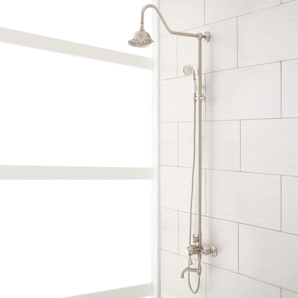 Signature Hardware WE-9804-BN-U Rainshower Tub & Shower Faucet - Pressure Balancing Cartridge - with tub spout - Handshower and Shower Head Max 2.0 GPM at 80psi - Brushed Nickel