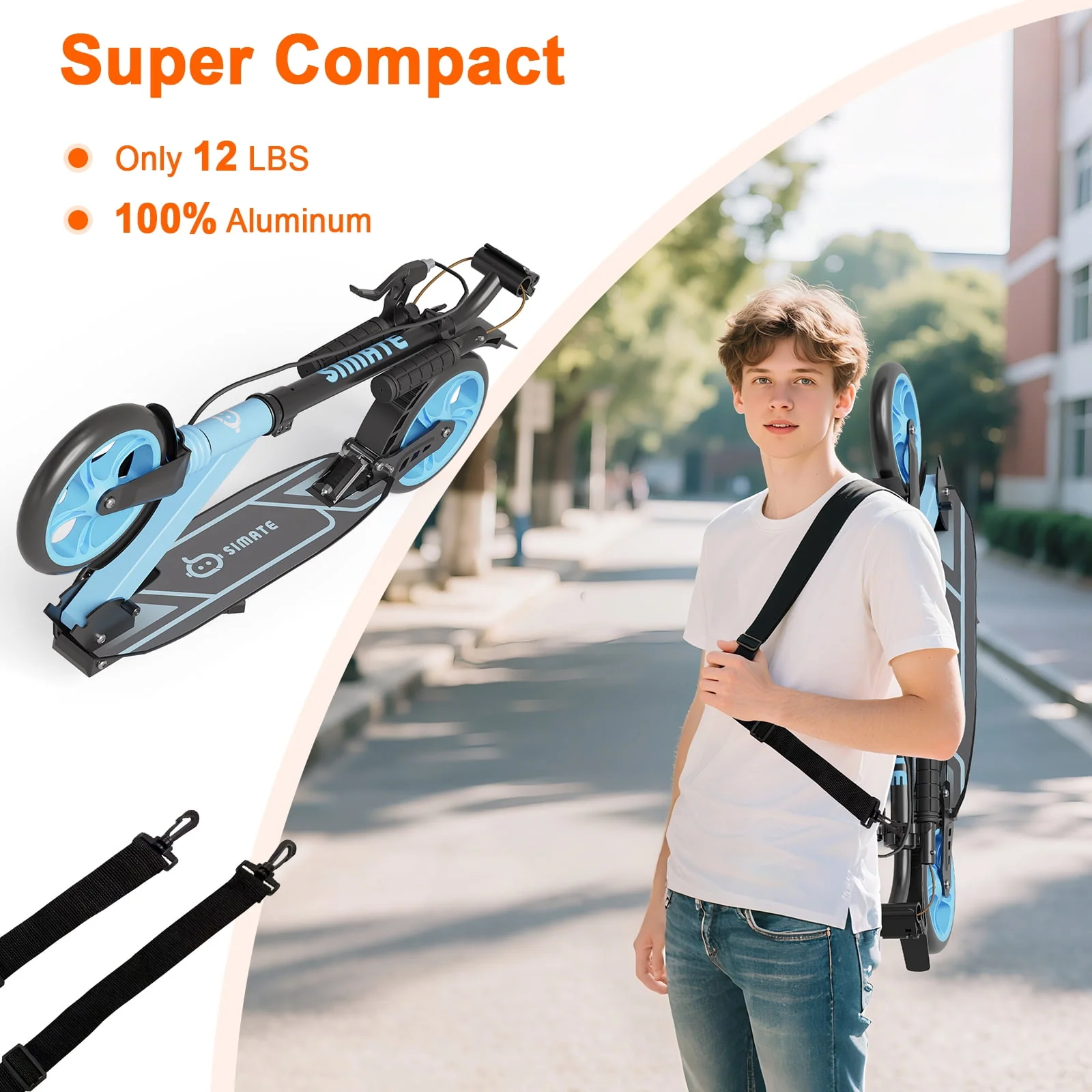 SIMATE Kick Scooter with Dual Brakes and Suspension, Foldable Lightweight Aluminum, Wide Deck, 8in All-Terrain Wheels, Adjustable Height, Max Load 240 lb, T2 - Image 4