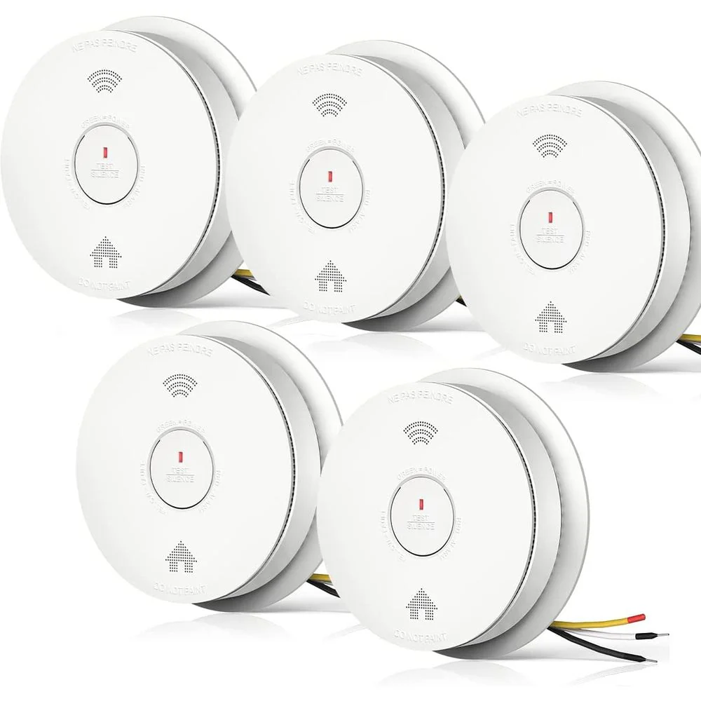 SITERWELL GS886F Hardwired Interconnected Smoke and Carbon Monoxide Detector Combo with Voice Alert and 2 AA Battery Backup, 5 Pack