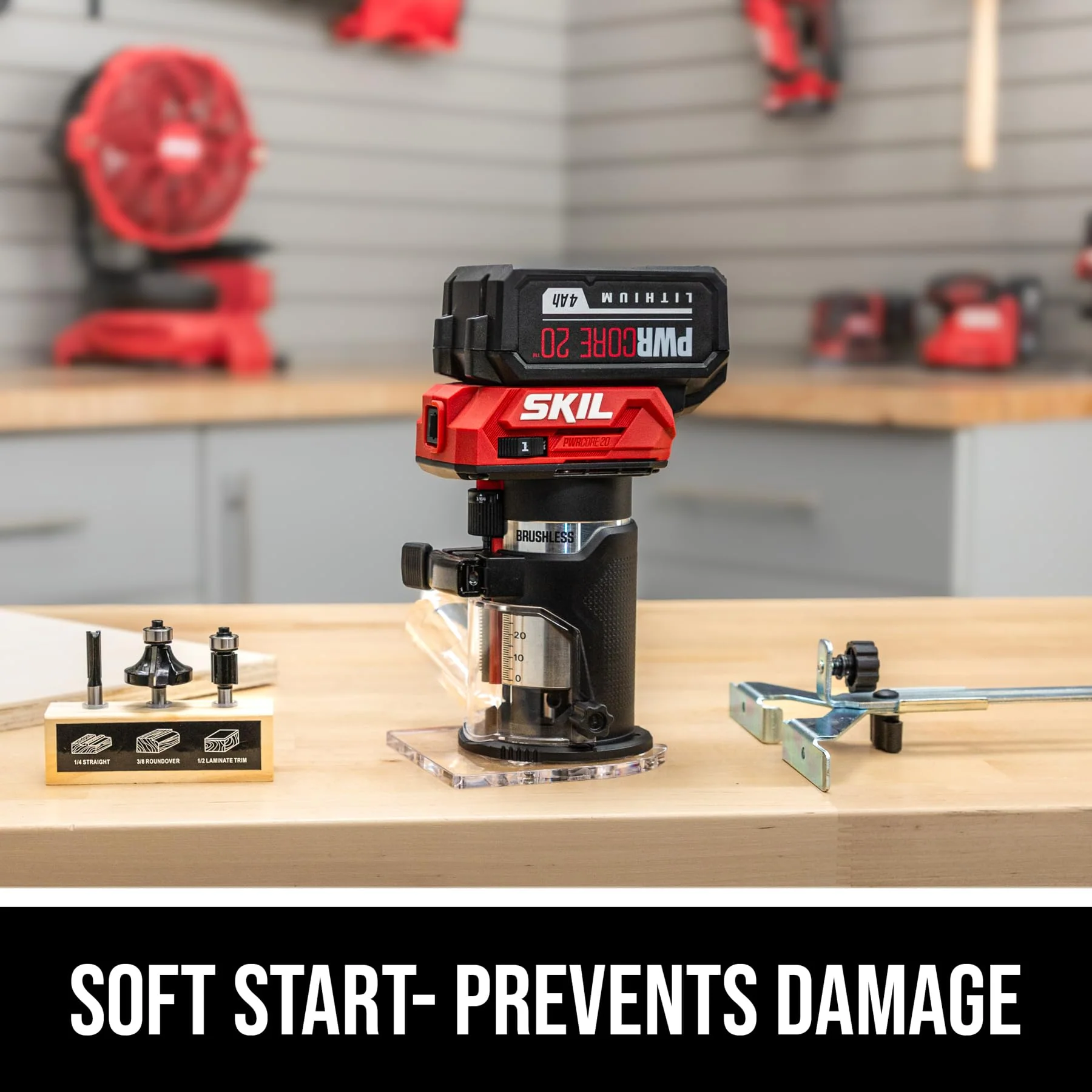 Skil 20V Brushless Compact Router Kit, 1 HP Motor, 4.0Ah Lithium-Ion Battery, Variable Speed, Quick Depth Adjustment, Edge Guide, LED Light, 3-Piece Bit Set, RT1430B-10 - Image 7