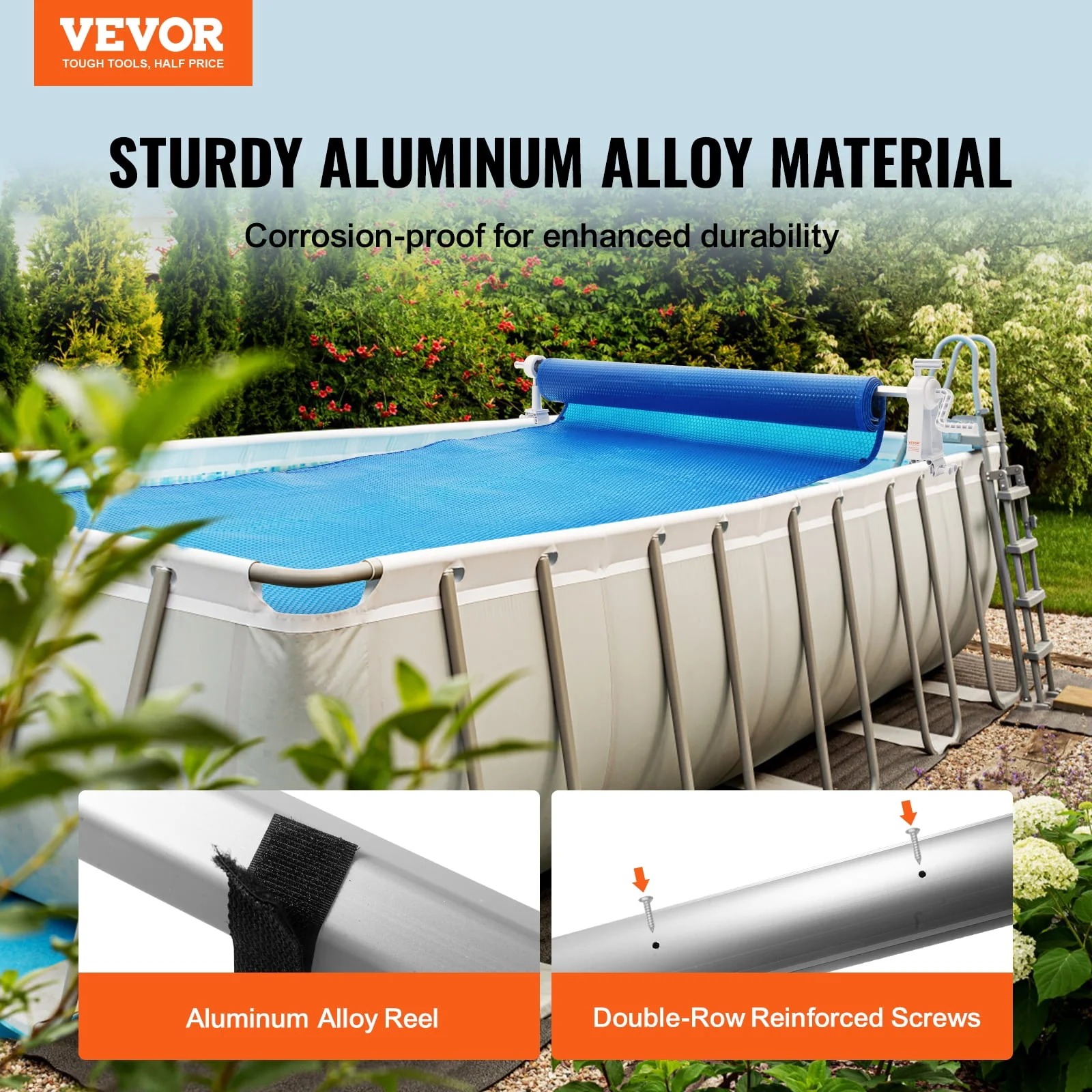 SKYSHALO 20ft Rectangular Pool Cover Reel, Aluminum Alloy Frame, Adjustable 8.6-19.75ft, Silver, Corrosion Resistant, PCR04 - Image 2