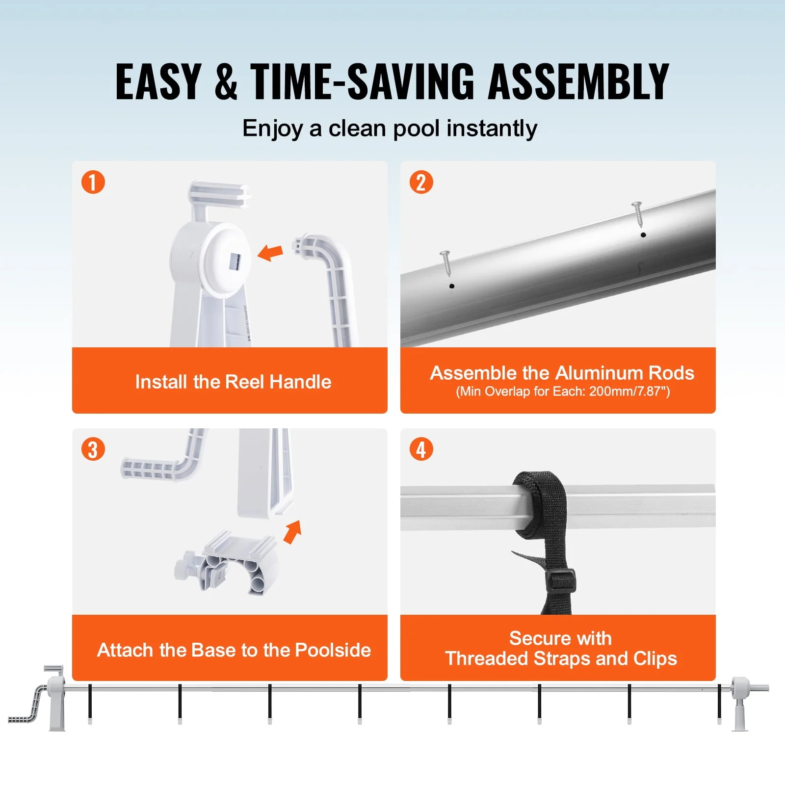 SKYSHALO 20ft Rectangular Pool Cover Reel, Aluminum Alloy Frame, Adjustable 8.6-19.75ft, Silver, Corrosion Resistant, PCR04 - Image 5