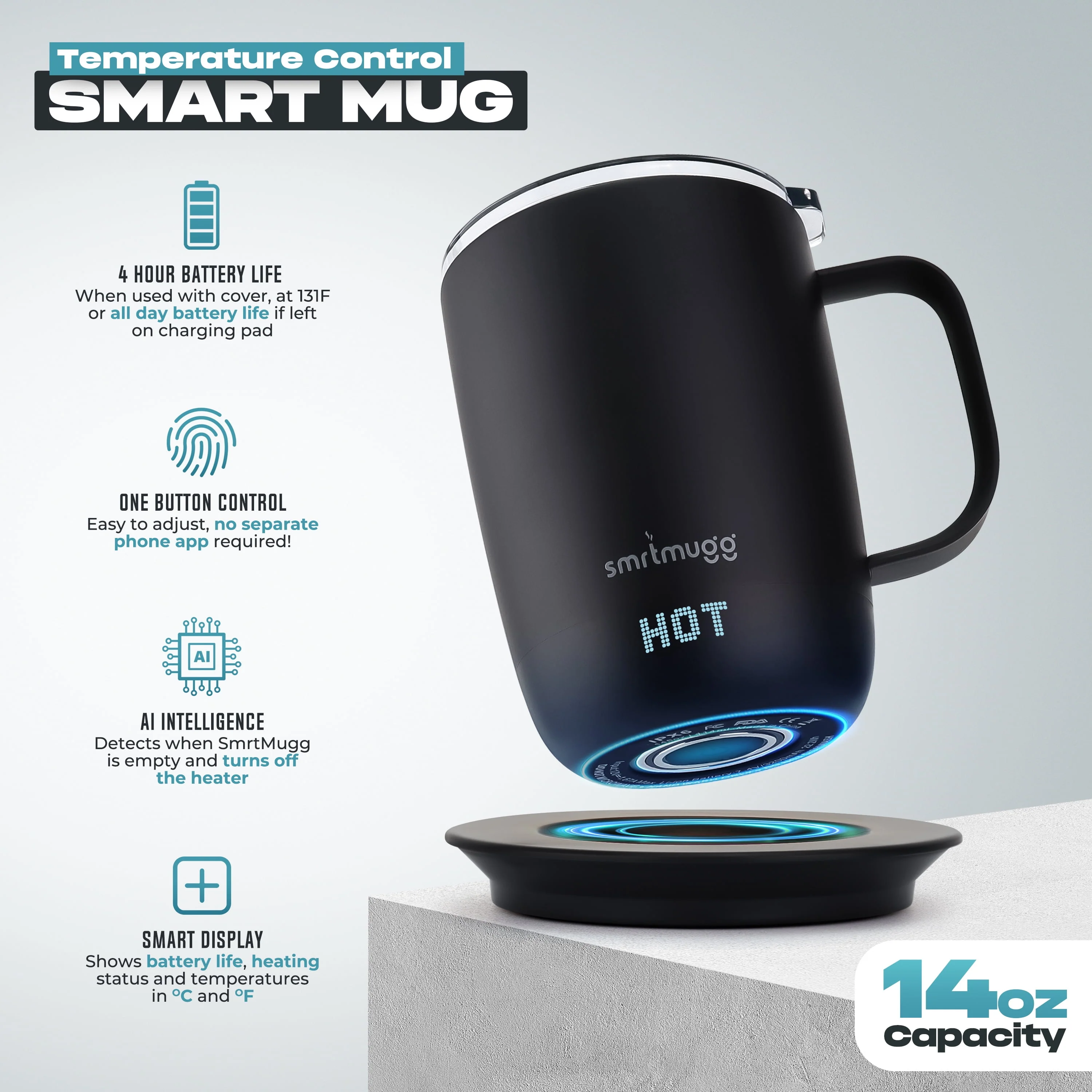 SmrtMugg Pro Self-Heating Coffee Mug, 14 oz, Adjustable Temperature Control, LCD Display, Magnetic Slider Lid, Black - Image 4