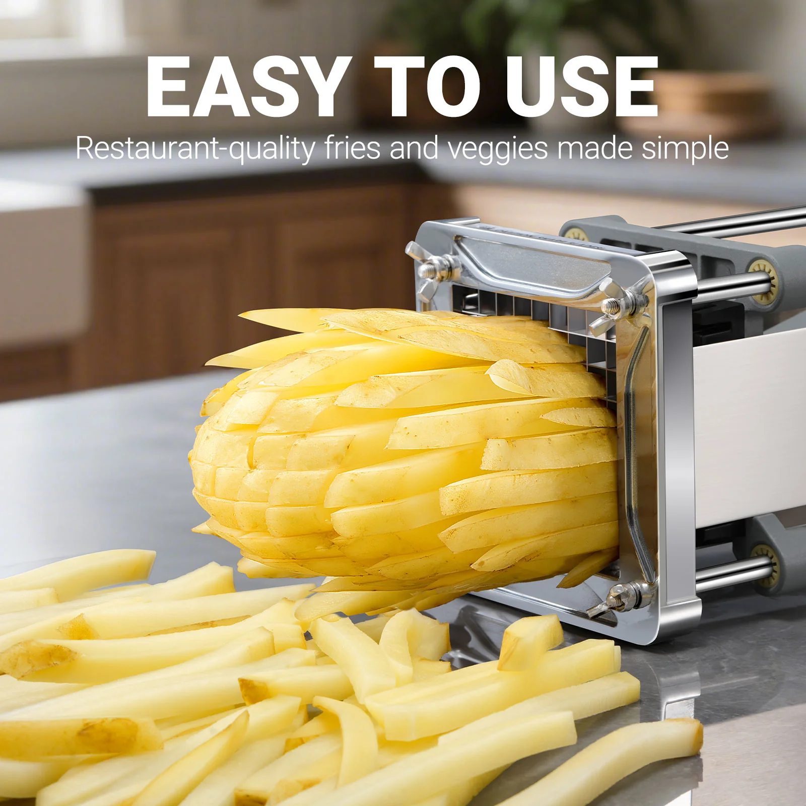 Sopito French Fry Cutter, Stainless Steel Kitchen Tool with 3 Interchangeable Blades 1/2inch 3/8inch 1/4inch, Manual Push Operation - Image 2