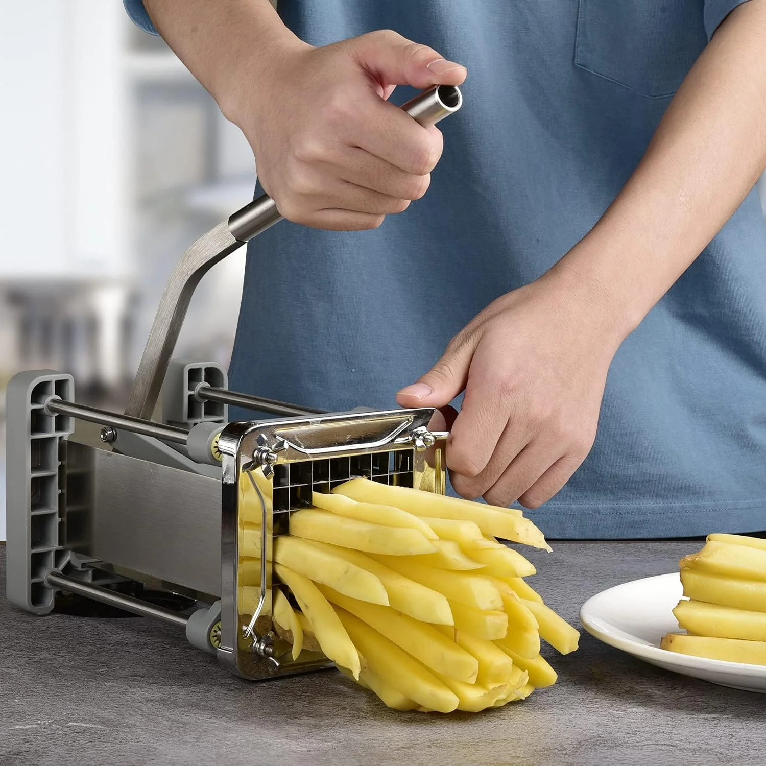 Sopito French Fry Cutter, Stainless Steel Kitchen Tool with 3 Interchangeable Blades 1/2inch 3/8inch 1/4inch, Manual Push Operation - Image 3