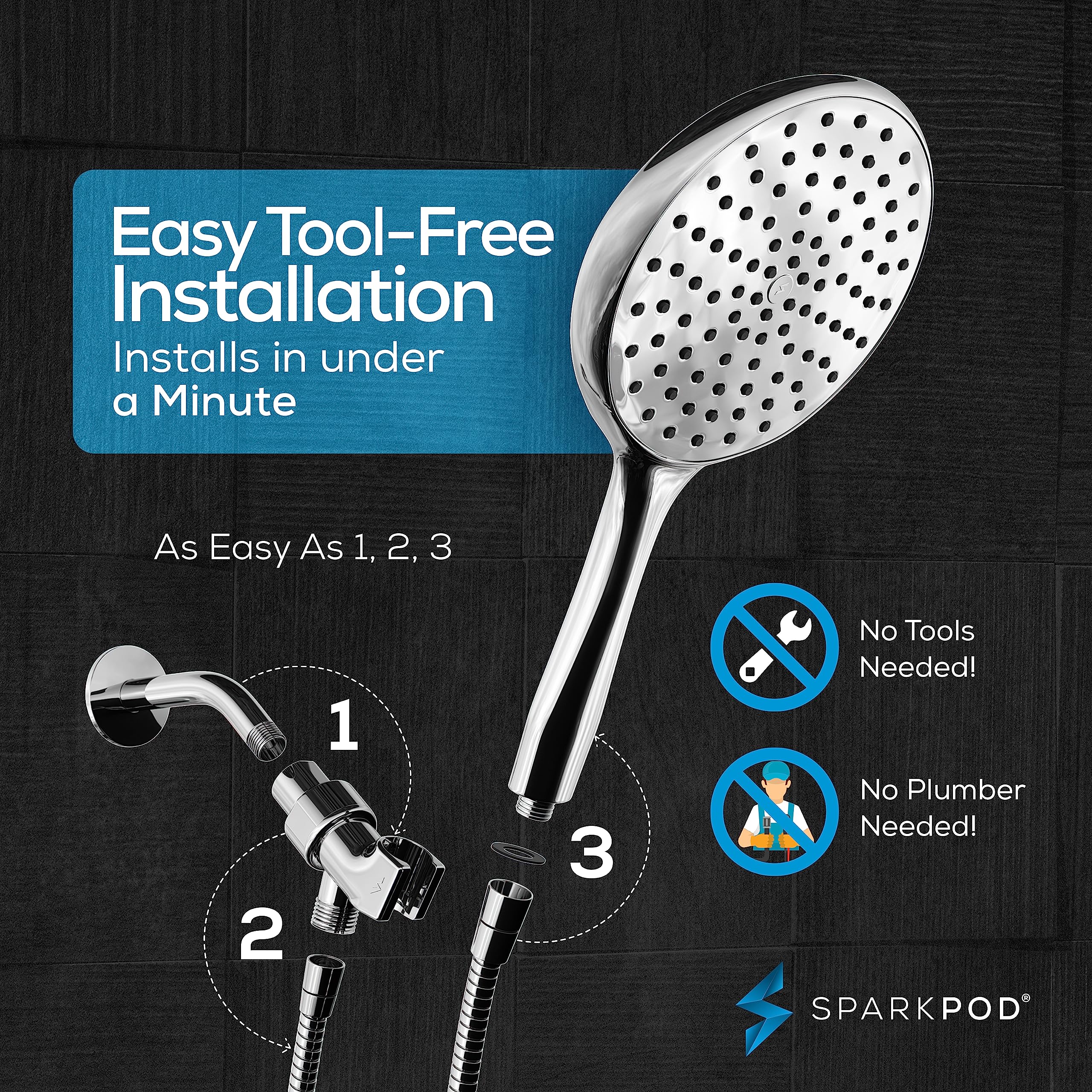 SparkPod High Pressure Handheld Shower Head, 6-Inch Rainfall Face, 6 ft Hose, Polished Chrome, Adjustable Bracket - Image 3