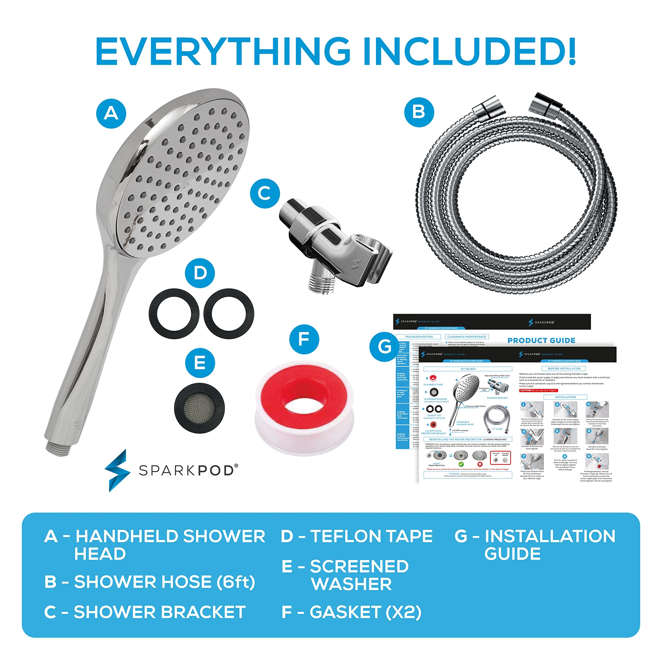 SparkPod High Pressure Handheld Shower Head, 6-Inch Rainfall Face, 6 ft Hose, Polished Chrome, Adjustable Bracket - Image 5