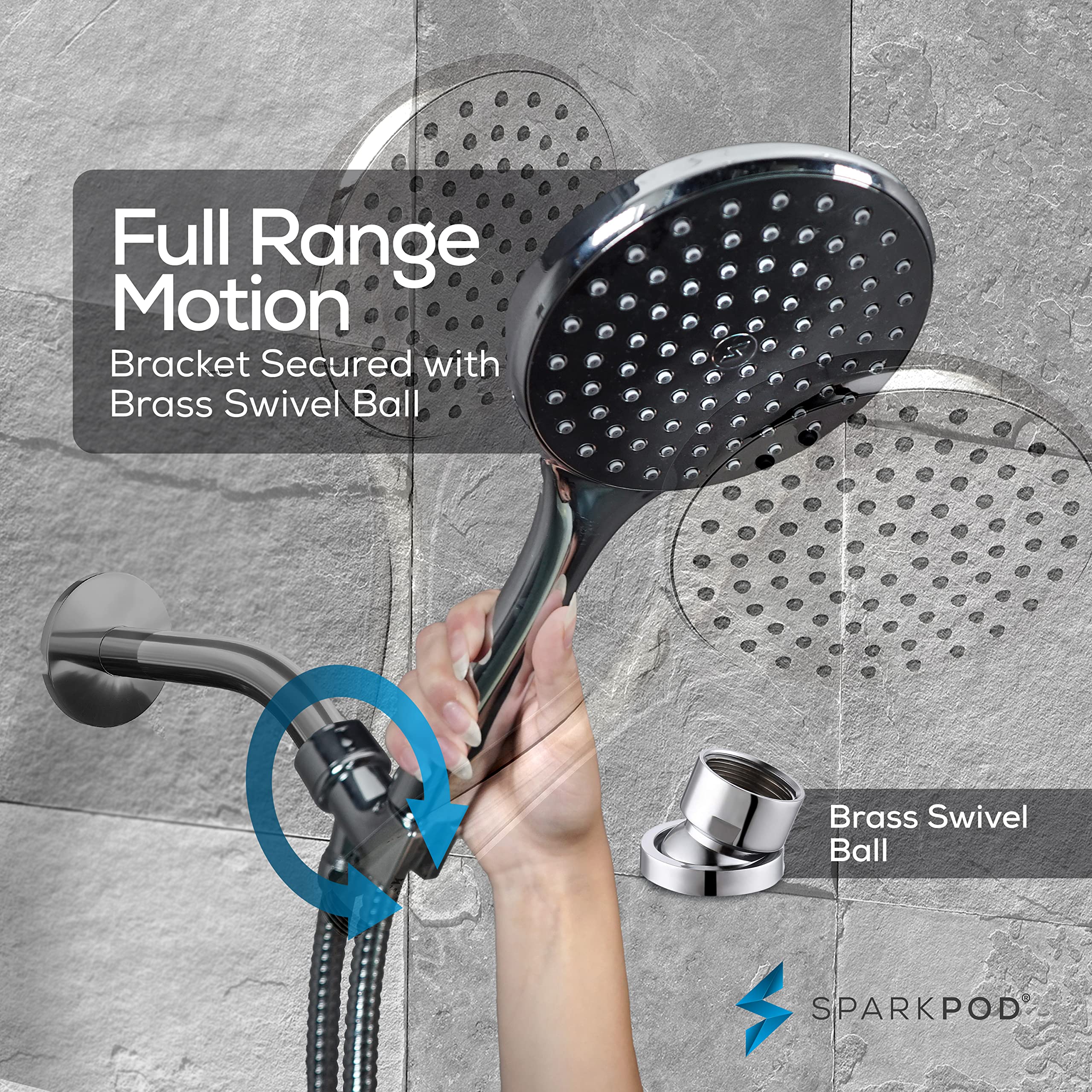 SparkPod High Pressure Handheld Shower Head, 6-Inch Rainfall Face, 6 ft Hose, Polished Chrome, Adjustable Bracket - Image 6