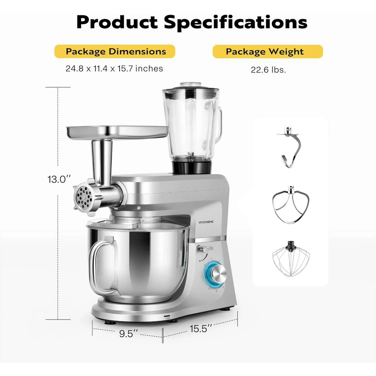 SPECSTAR VH1249US-SP Multifunctional Stand Mixer 6 in 1 with 8.5 Quart Stainless Steel Bowl 660W 10 Speed Tilt Silver - Image 2