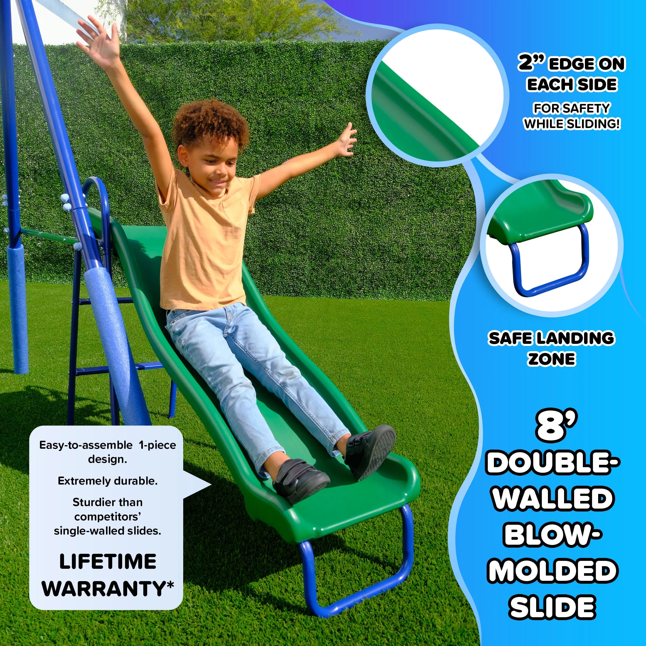 Sportspower MSC-5840 Super Swing and Glide Metal Swing Set with 2 Person Glider, Teeter Totter, 2 Blow Molded Swings, 5 ft Double Wall Slide, Blue and Yellow - Image 3