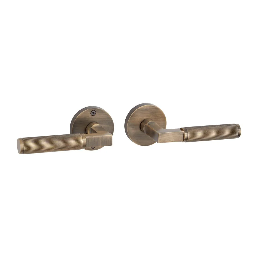 Straight Knurled Solid Brass Passage Interior Door Set w/ Round Escutcheon Lever Handle - Right Hand - No Backset - Antique Brass