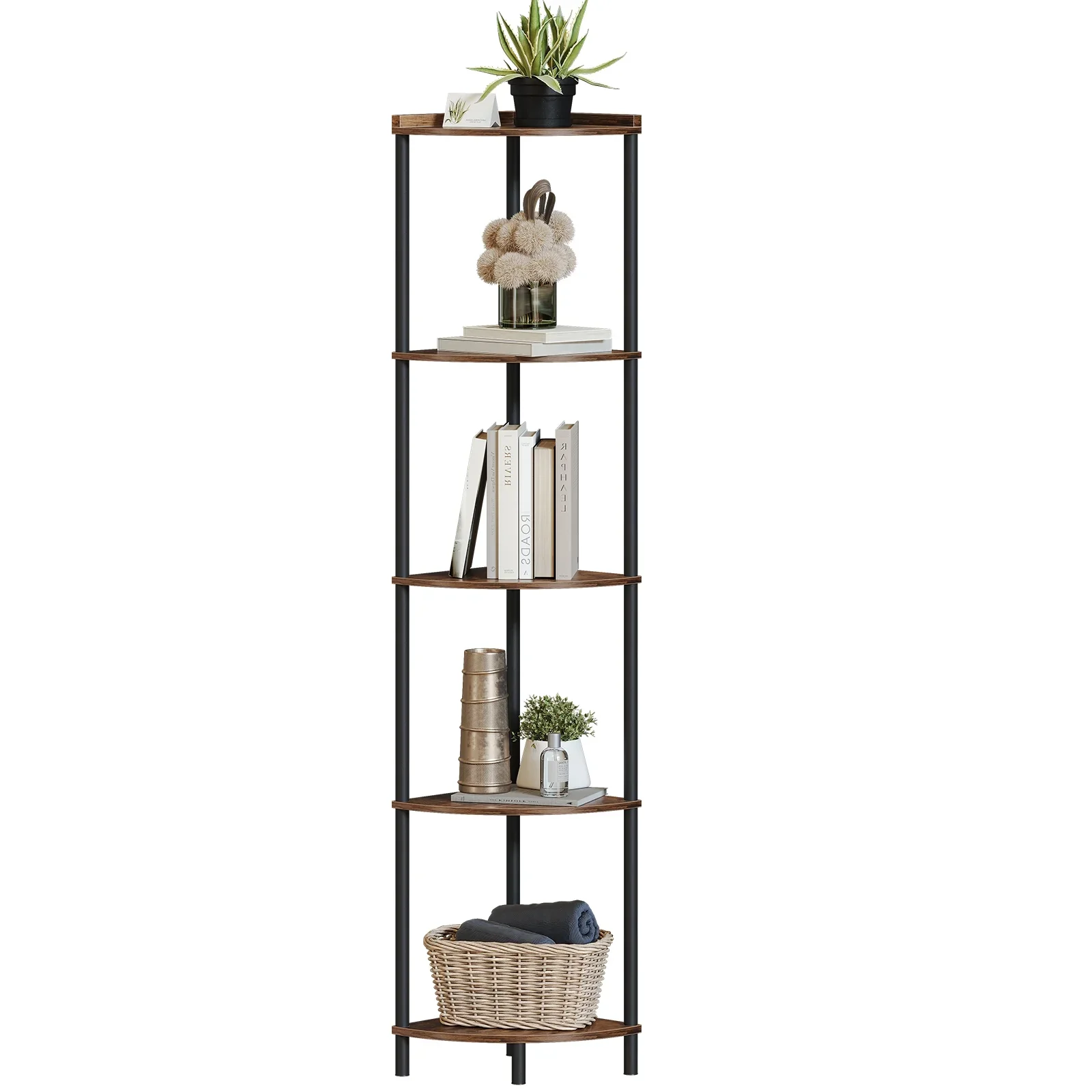 SUNMORY SR000001 5 Tier Industrial Corner Bookcase, Wood Composite Metal Brown, 2.2 x 12.2 x 64.9