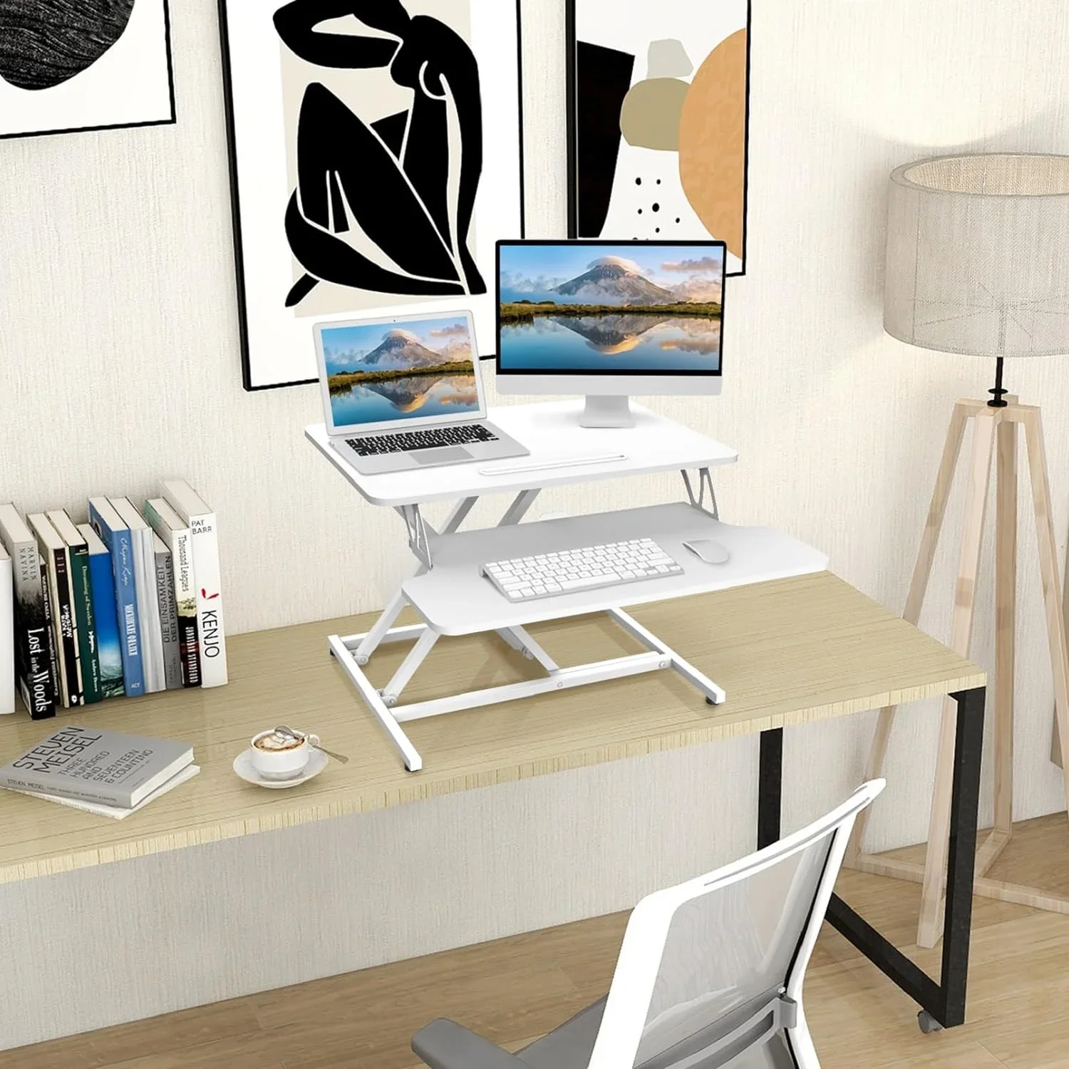 SUSUZI 37" Standing Desk Converter, 2 Tier Height Adjustable Sit Stand up Desk Riser, White - Image 3