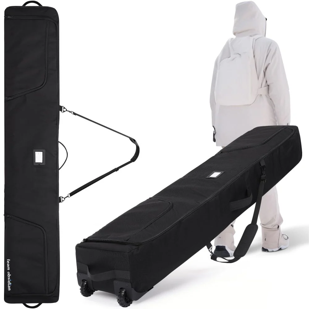 TeamObsidian Ski Bag, Heavy Duty Padded Protection for Double Skis up to 190 cm, Water Resistant Polyester, Wheeled with Pull Handle, Black