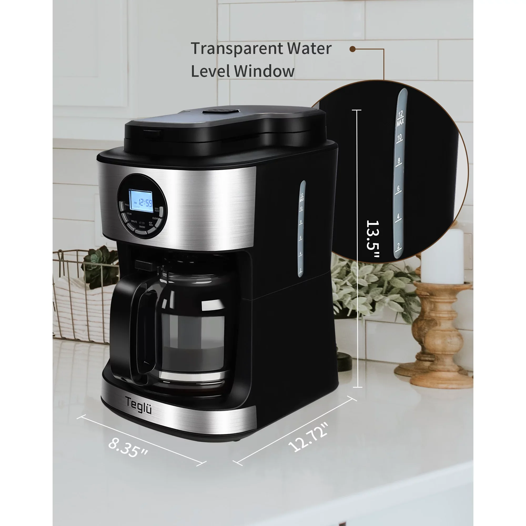Teglu WE100113_1 Coffee Maker with Grinder 12 Cups, Programmable Grind and Brew Coffee Machine with Warming Plate, Automatic Drip Coffee Pot with 60 oz Glass Carafe BPA Free, 950W, Black - Image 2
