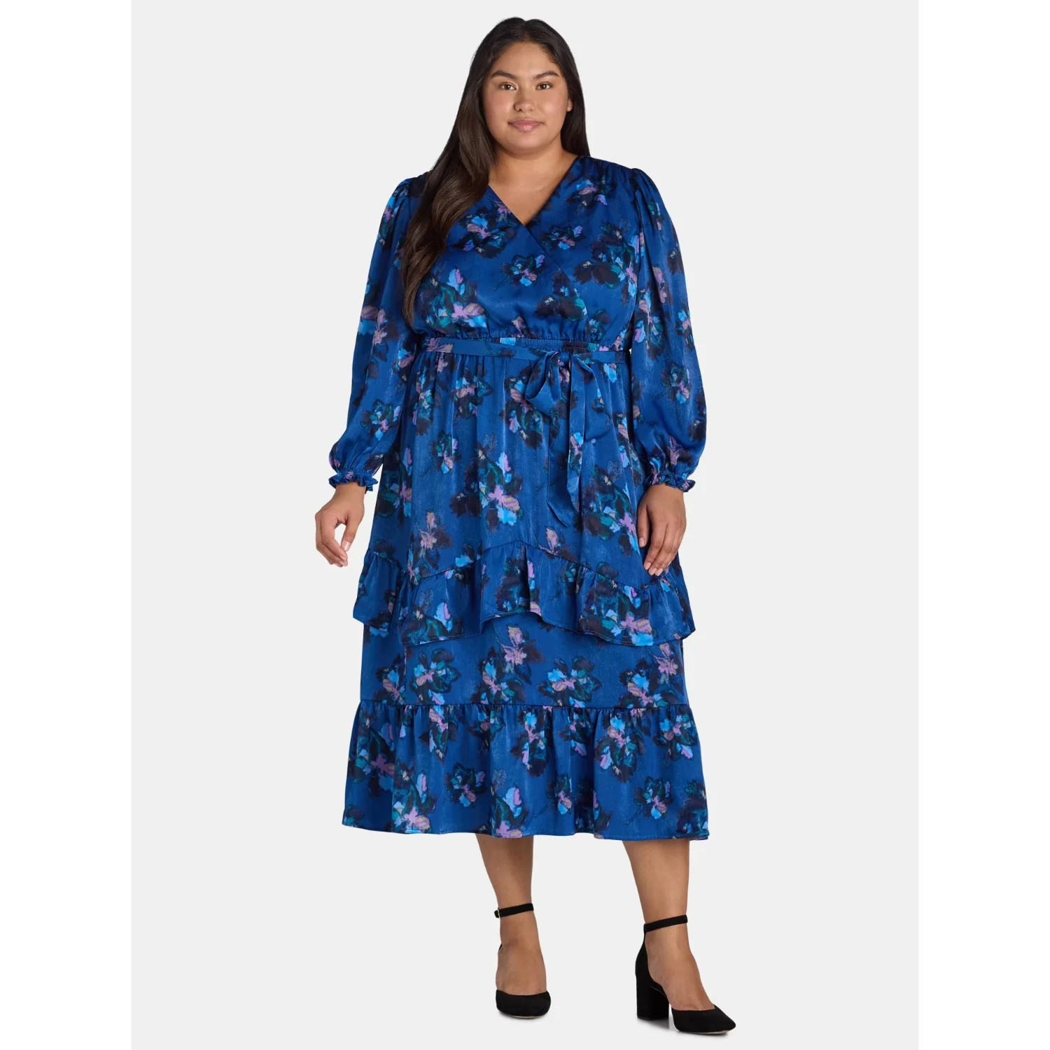 Terra & Sky TS45100141978P Women's Plus Size Surplice Maxi Dress with Long Sleeves, 2X, Blue Floral