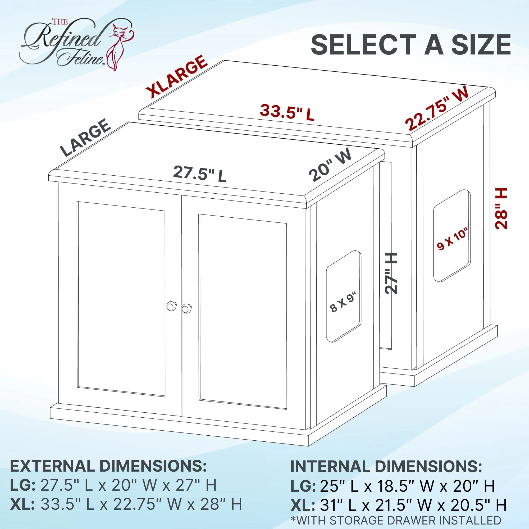 The Refined Feline Cat Litter Box Enclosure Cabinet, Premium Oak Veneer, Extra-Large, White, Adjustable Levelers, Sliding Storage Drawer, Ventilation Slots