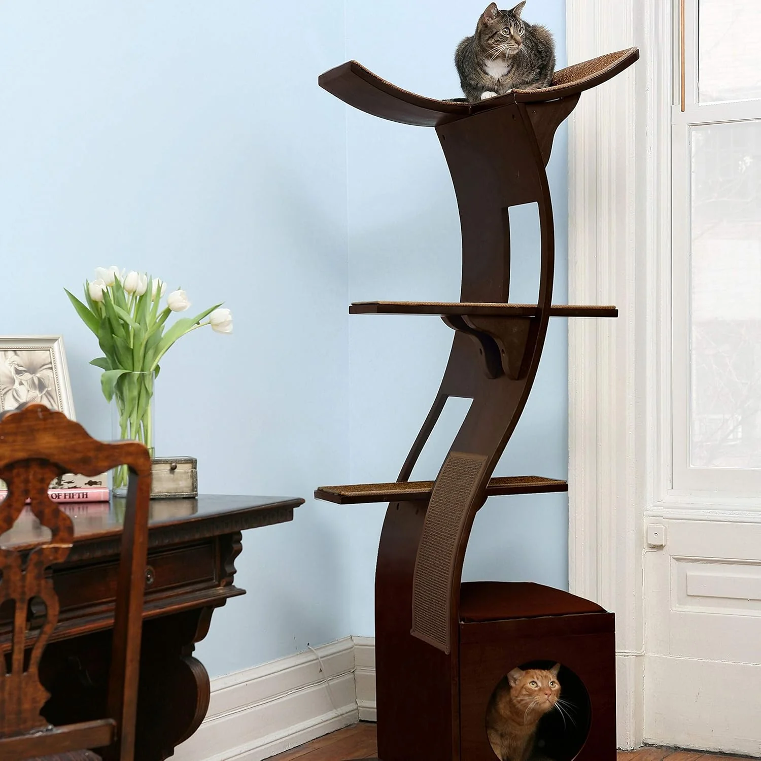 The Refined Feline Lotus Cat Tower, 69 Inch Tall, Black Espresso, Multi-Level Indoor Cat Tree with Scratching Post and Cushioned Cubby