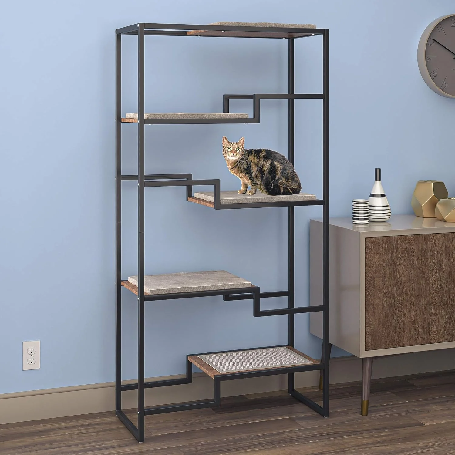 The Refined Feline Metropolitan Cat Condo, 62 Inch Tall Steel Frame, Gray with Black Platforms and Brown Replaceable Cushions