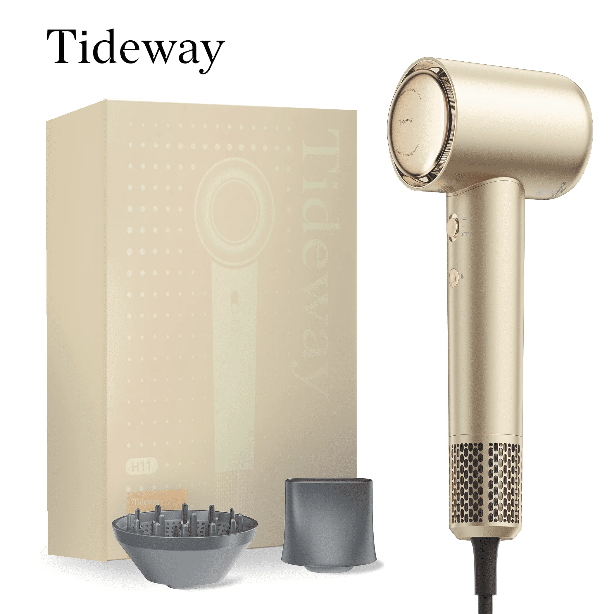 Tideway H11 Hair Dryer with Diffuser, High-Speed 110,000 RPM Brushless Motor, Plasma Tech, Smart Temp Control, Gold