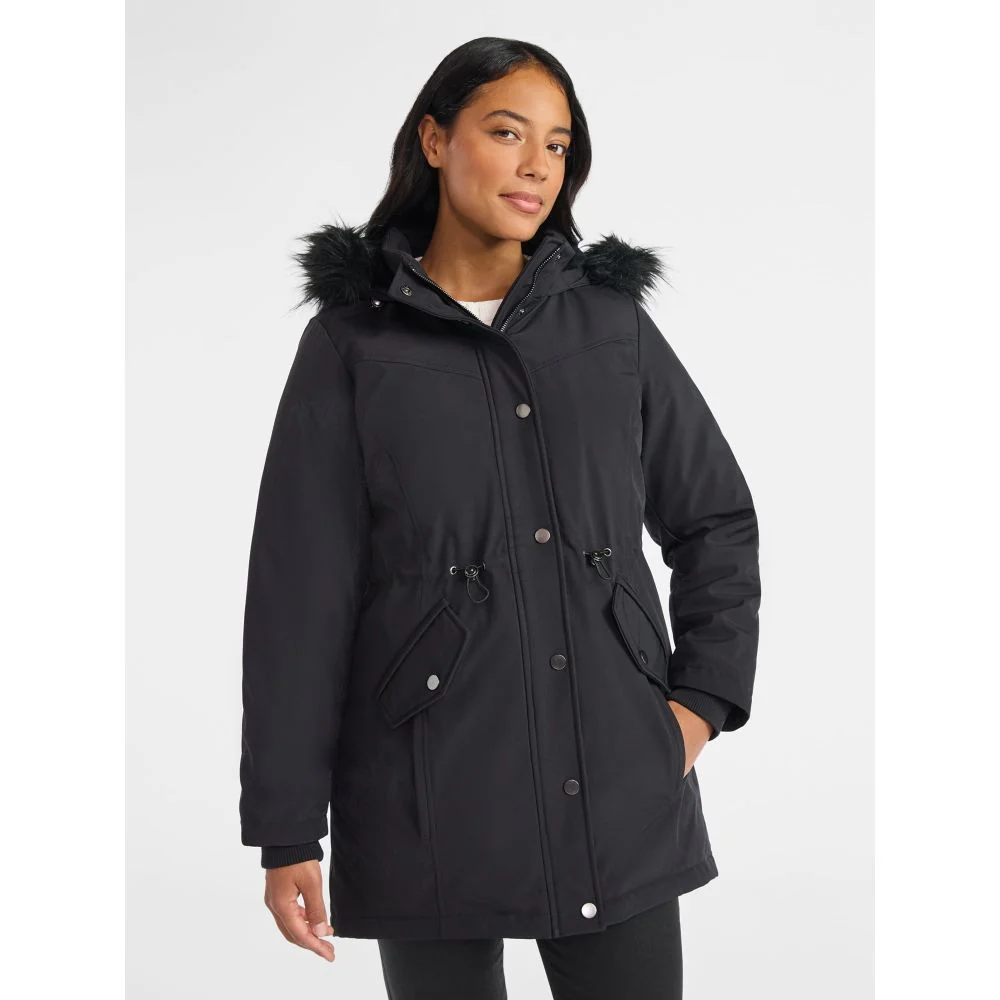 Time and Tru Women's Plus Hooded Anorak Jacket, Heavyweight Insulation, Faux Fur Trimmed Hood, Adjustable Waist, Mid-Length, Black Soot, TT36HQ020441 - Image 2