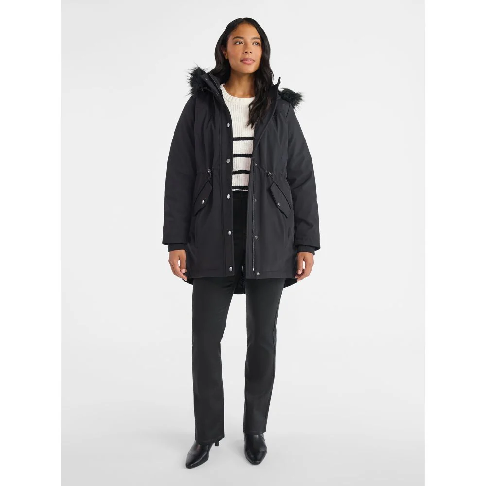 Time and Tru Women's Plus Hooded Anorak Jacket, Heavyweight Insulation, Faux Fur Trimmed Hood, Adjustable Waist, Mid-Length, Black Soot, TT36HQ020441 - Image 3