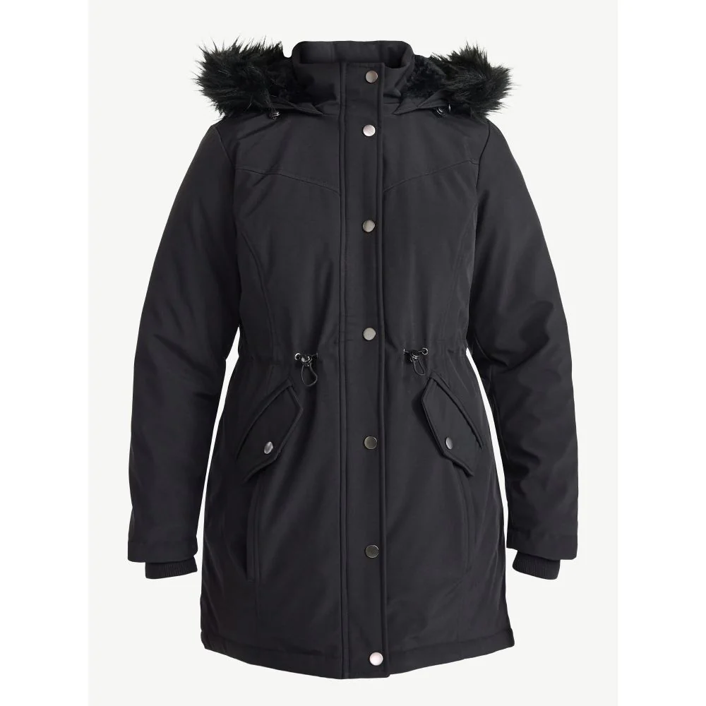 Time and Tru Women's Plus Hooded Anorak Jacket, Heavyweight Insulation, Faux Fur Trimmed Hood, Adjustable Waist, Mid-Length, Black Soot, TT36HQ020441 - Image 6
