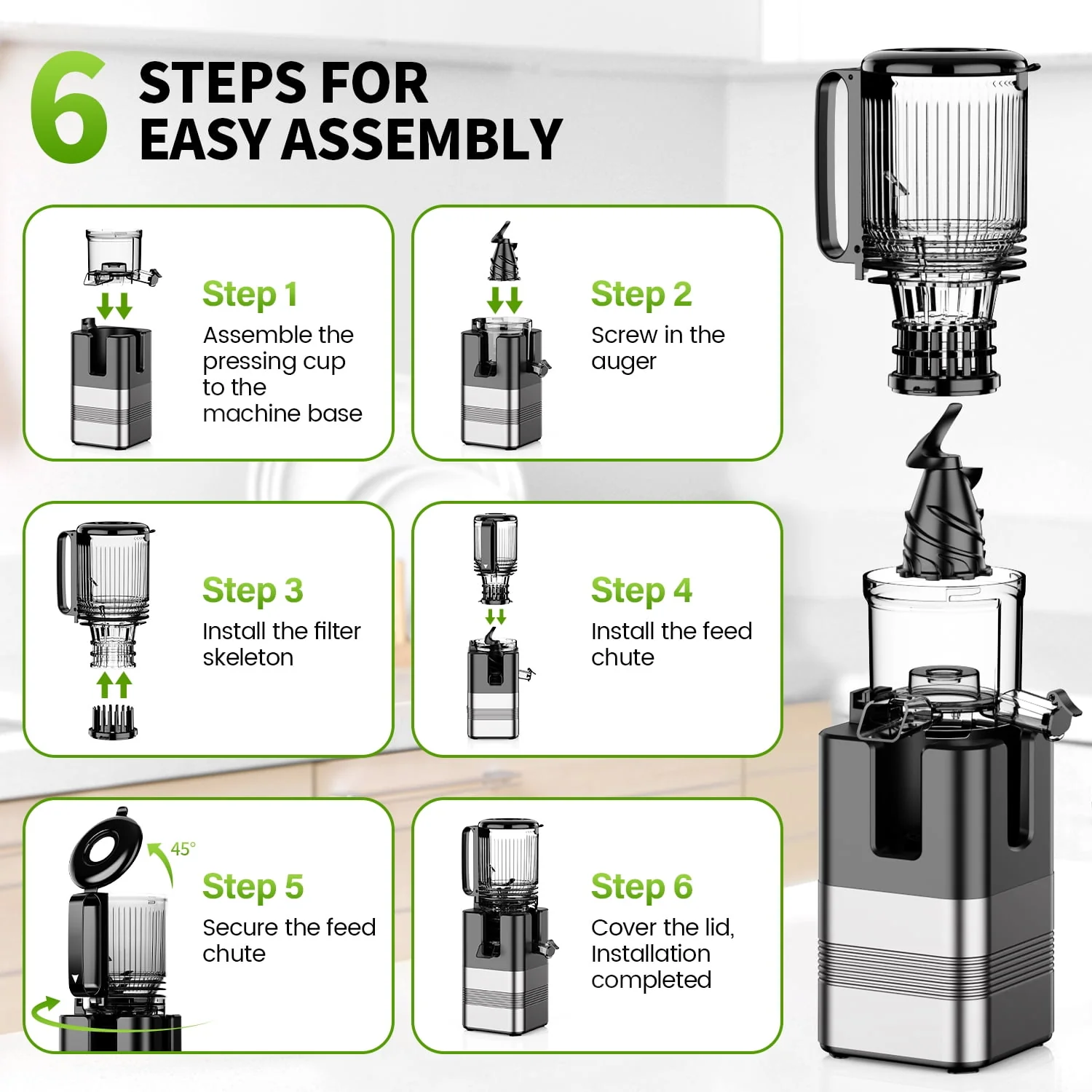 TINANA MP-802T Cold Press Masticating Juicer Machine, 5.4 In Wide Feed Chute, 450W Slow Juicer with Reverse Function - Image 4
