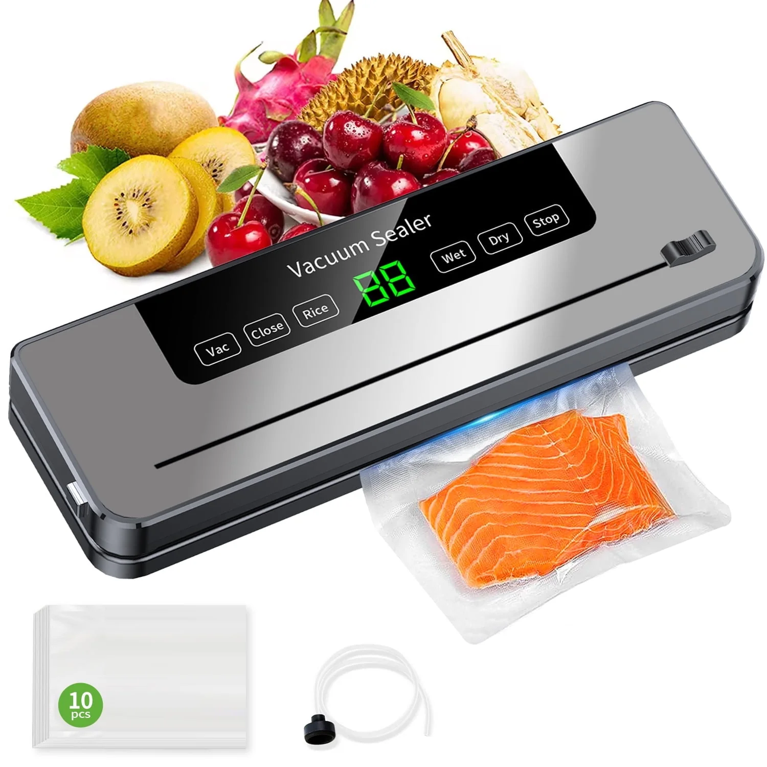 TINANA Vacuum Sealing Machine with 10 Bags, Built-in Cutter, Automatic Food Sealer Machine for Food