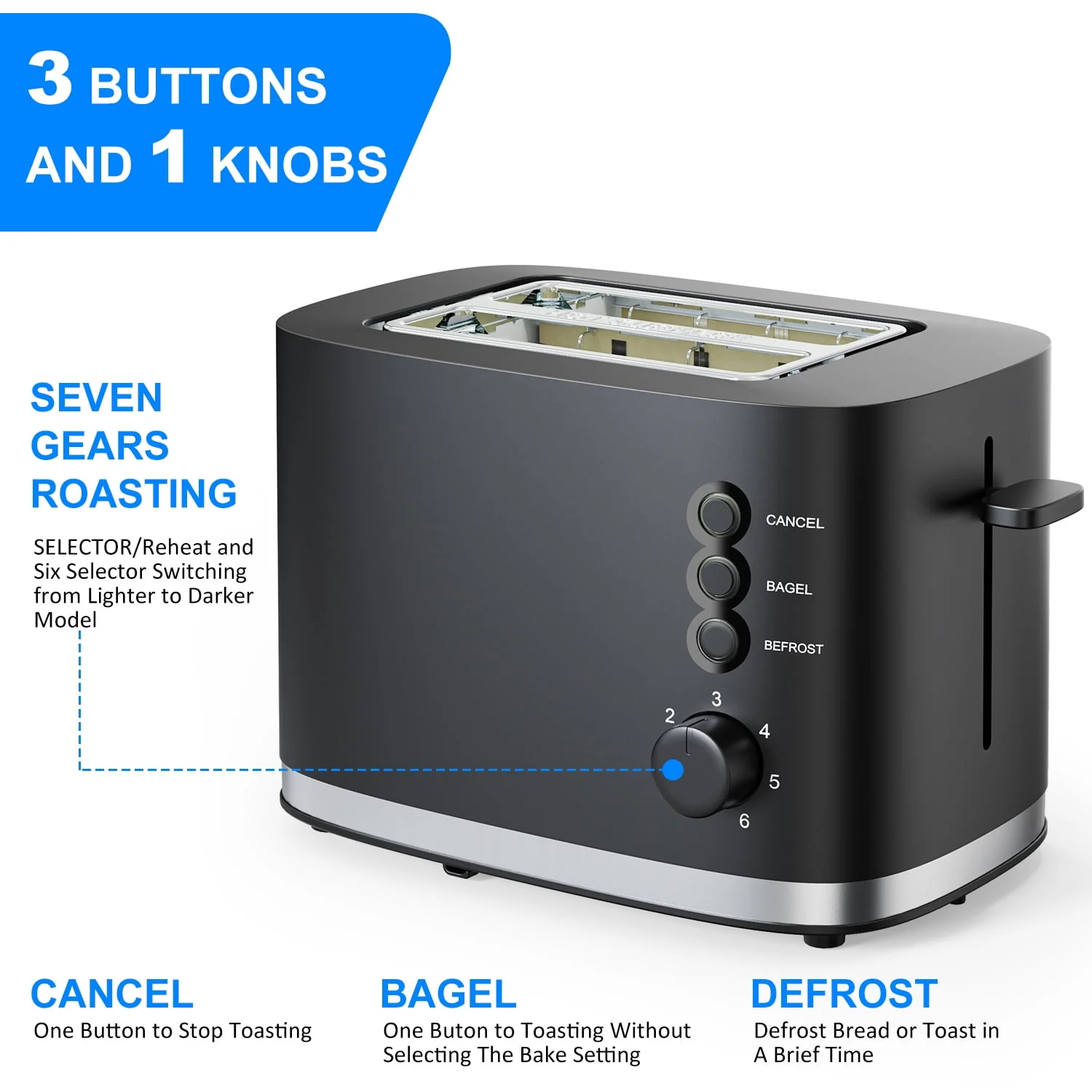 TINANA YH-TOT-B Wide Slot 2 Slice Bread Toaster, Black, 900W - Image 6