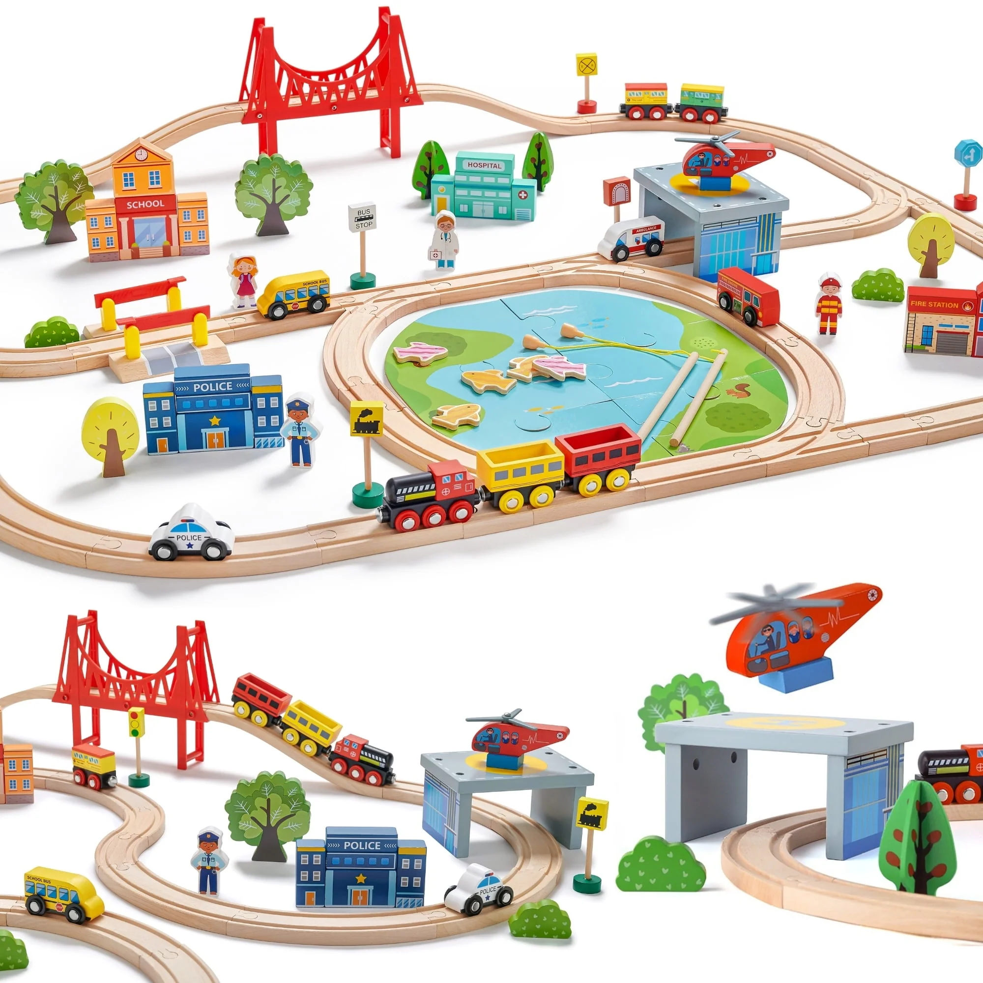 Tiny Land WT0007 110-Piece Wooden Train Set with Tracks, Building Blocks, Puzzles, Magnetic Fish Toys, Multicolor, Ages 3-7