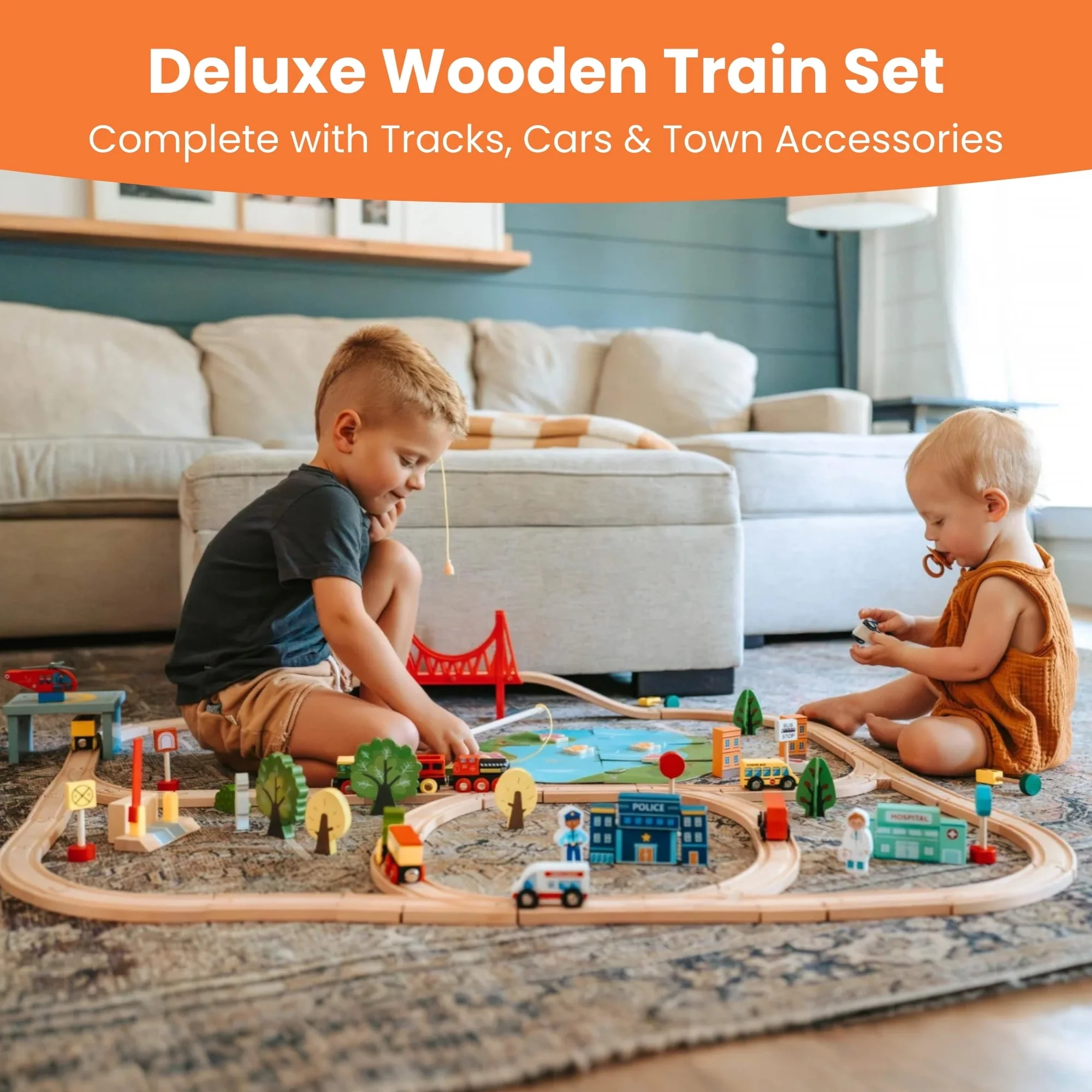 Tiny Land WT0007 110-Piece Wooden Train Set with Tracks, Building Blocks, Puzzles, Magnetic Fish Toys, Multicolor, Ages 3-7 - Image 2