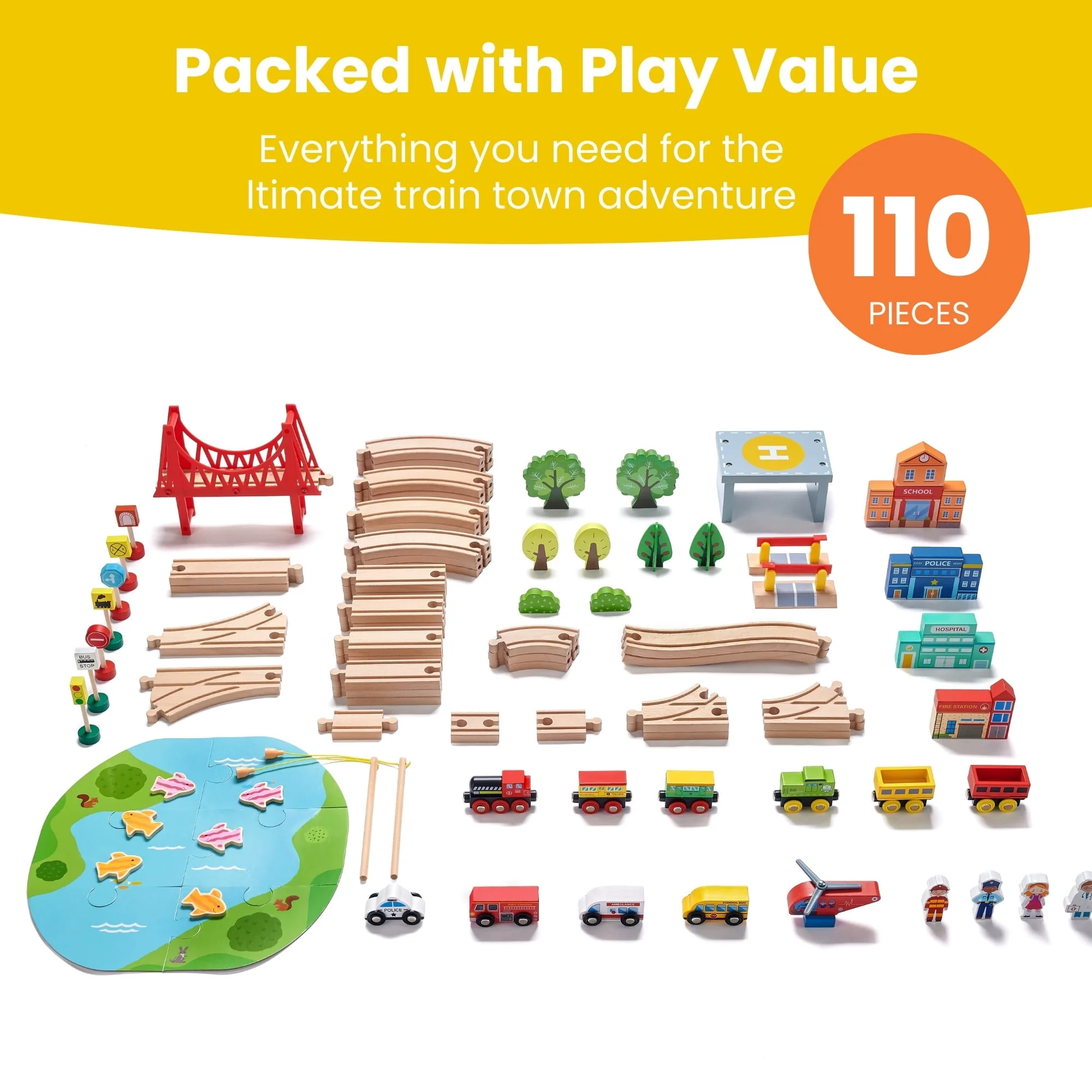 Tiny Land WT0007 110-Piece Wooden Train Set with Tracks, Building Blocks, Puzzles, Magnetic Fish Toys, Multicolor, Ages 3-7 - Image 7
