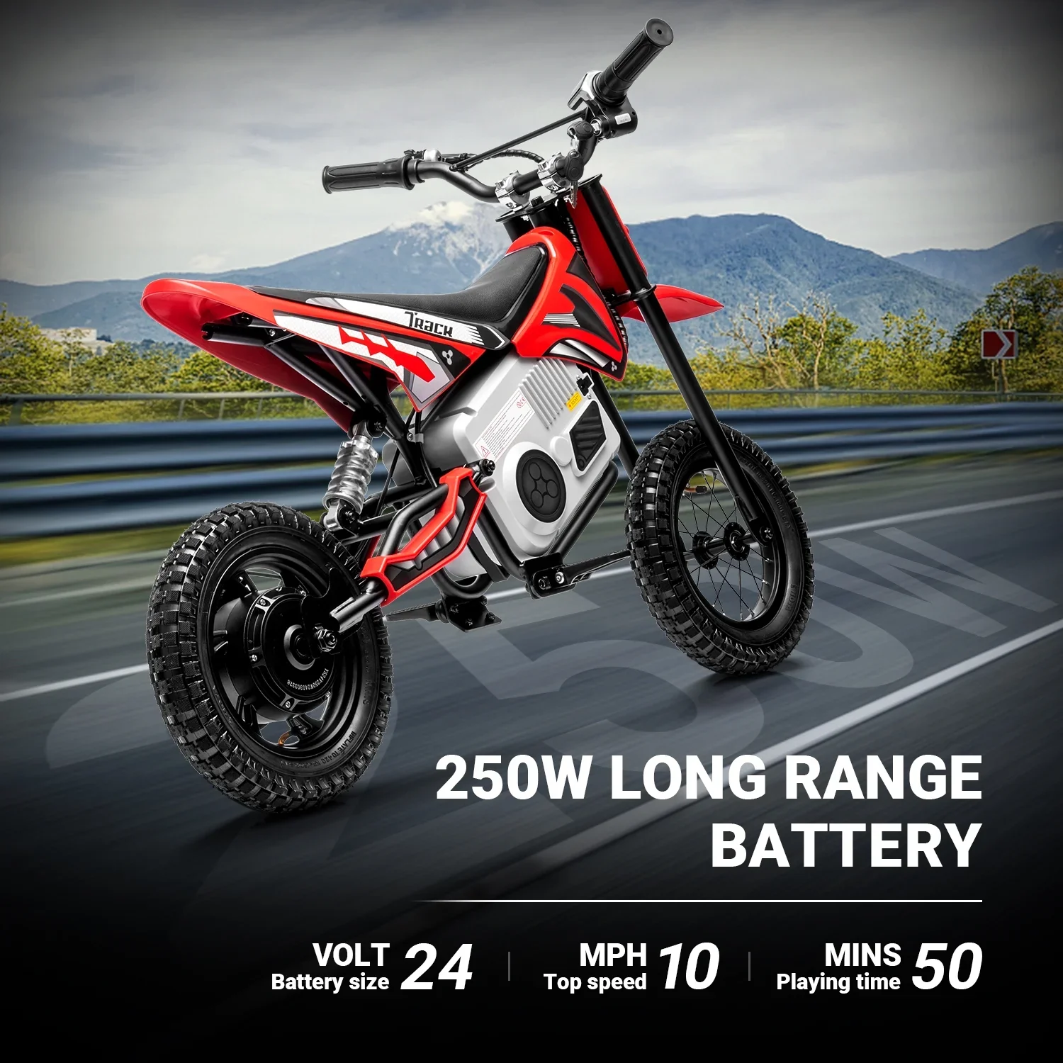 Track 7 TTWALMOTA9901-24V-RD 24V Electric Dirt Bike 250W Ride on Motorcycle with Twist Grip Throttle - Image 4
