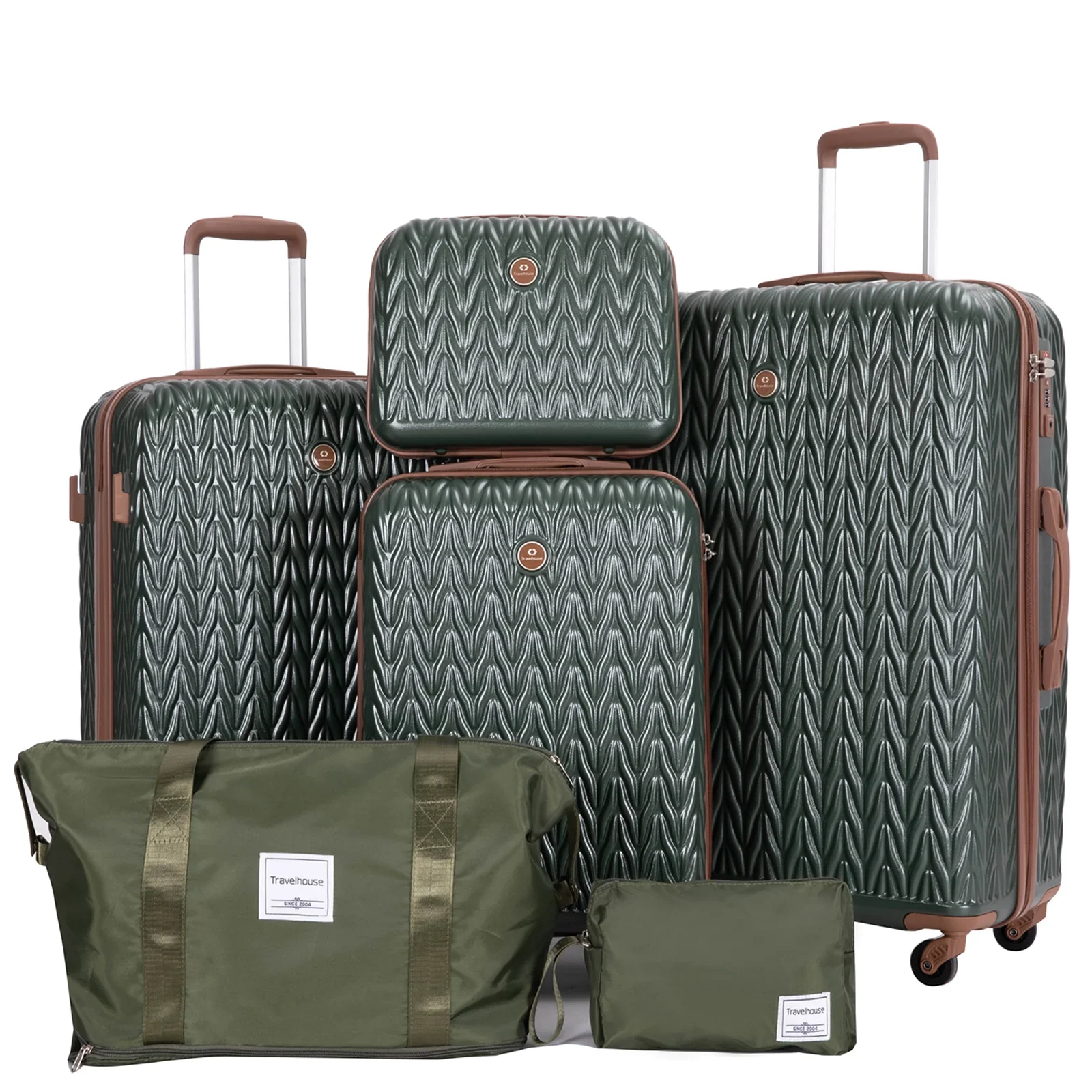 Travelhouse TH2154-6GRE 3 Piece TSA Lock Spinner Wheels Hardshell Luggage with Duffel Bag, Green-Brown