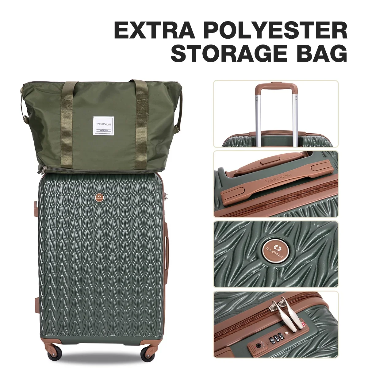 Travelhouse TH2154-6GRE 3 Piece TSA Lock Spinner Wheels Hardshell Luggage with Duffel Bag, Green-Brown - Image 3