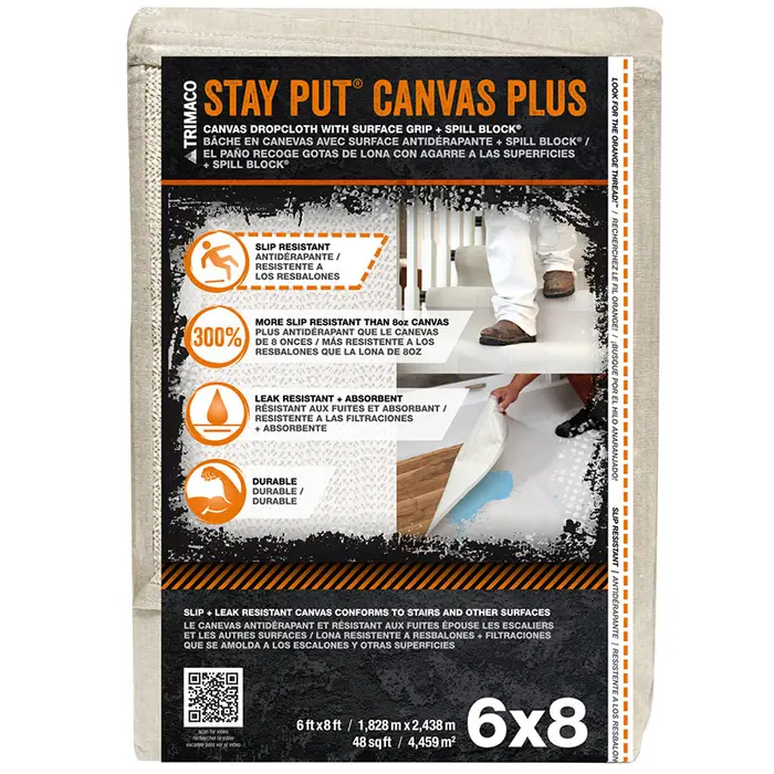 Trimaco 4329 Stay Put Canvas Plus Drop Cloth, 6 ft W x 8 ft L, Heavy-Weight, Slip-Resistant, Orange Stitching