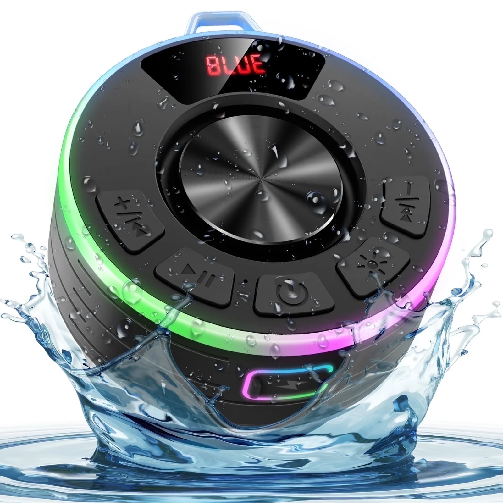 Tukio Bluetooth Speaker, IPX7 Waterproof, Bluetooth 5.4, 360 HD Stereo Sound, LED Light Show, Digital Display, Suction Cup, USB-C Charging