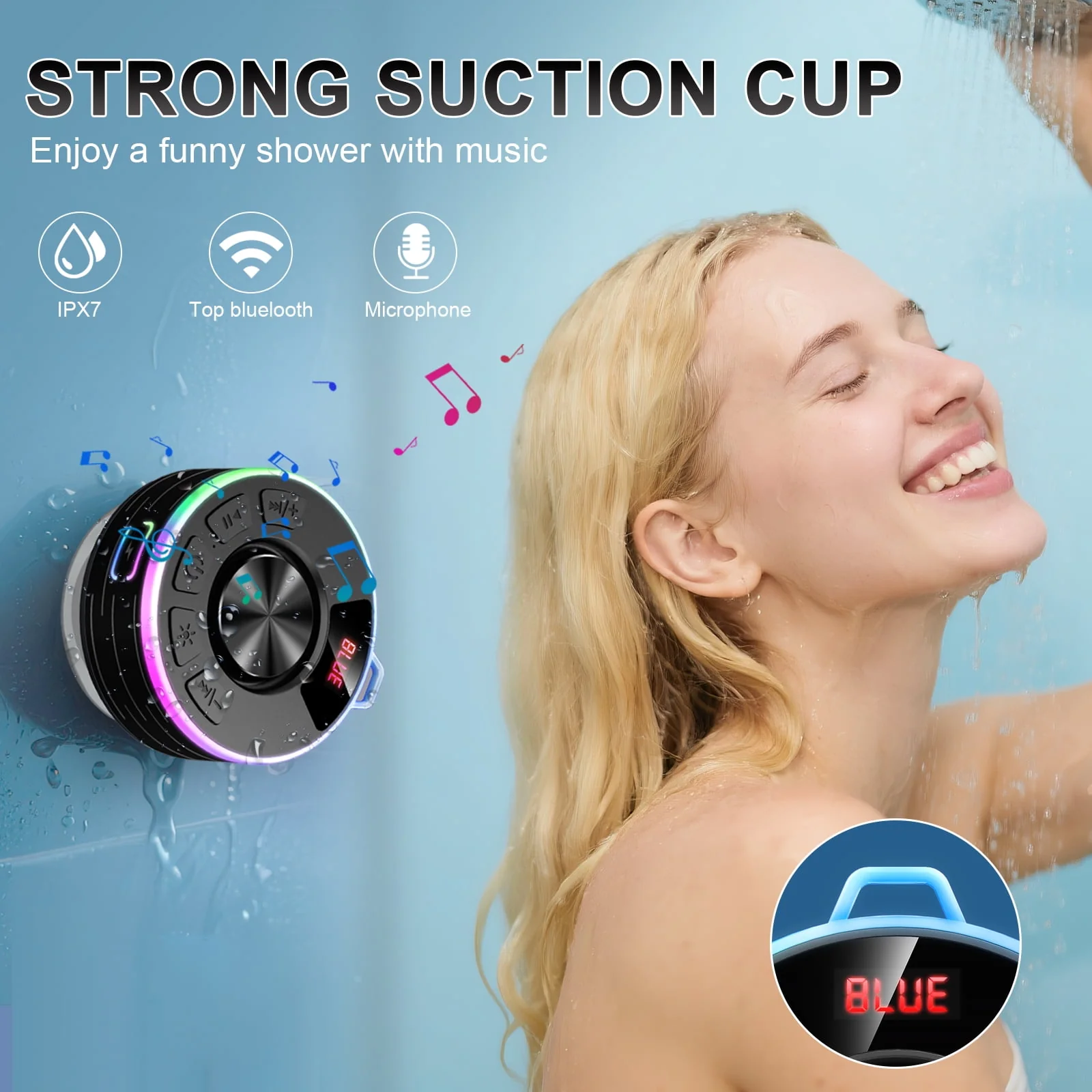 Tukio Bluetooth Speaker, IPX7 Waterproof, Bluetooth 5.4, 360 HD Stereo Sound, LED Light Show, Digital Display, Suction Cup, USB-C Charging - Image 3