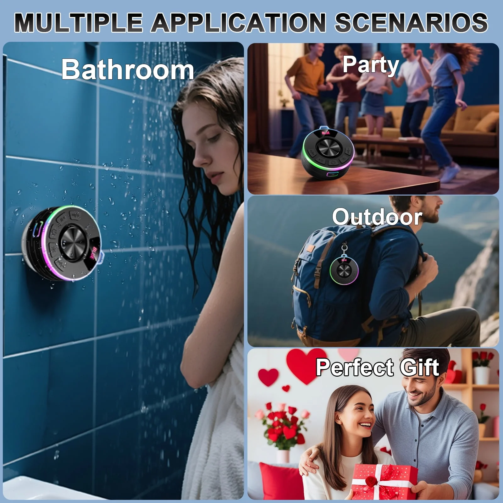 Tukio Bluetooth Speaker, IPX7 Waterproof, Bluetooth 5.4, 360 HD Stereo Sound, LED Light Show, Digital Display, Suction Cup, USB-C Charging - Image 4