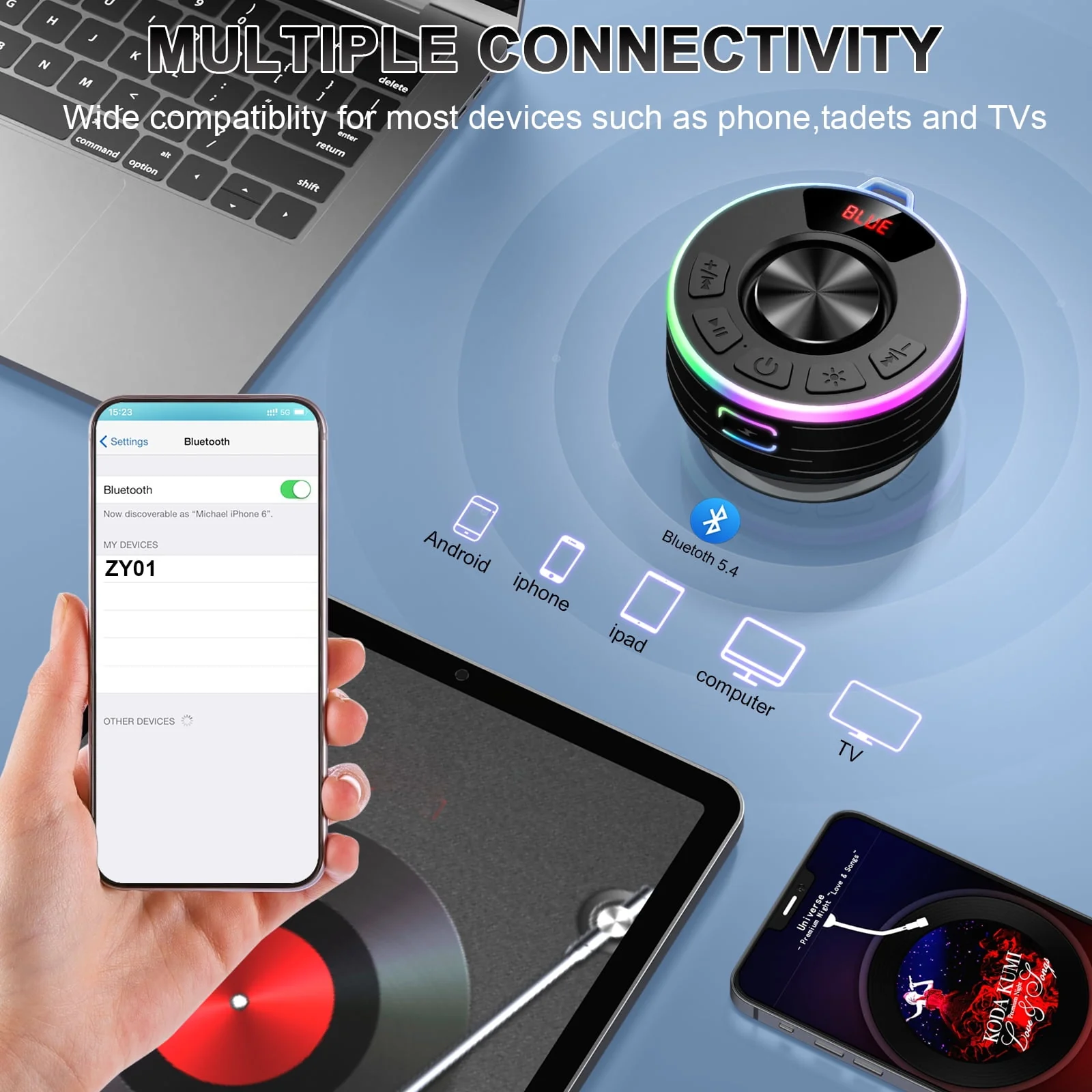 Tukio Bluetooth Speaker, IPX7 Waterproof, Bluetooth 5.4, 360 HD Stereo Sound, LED Light Show, Digital Display, Suction Cup, USB-C Charging - Image 5