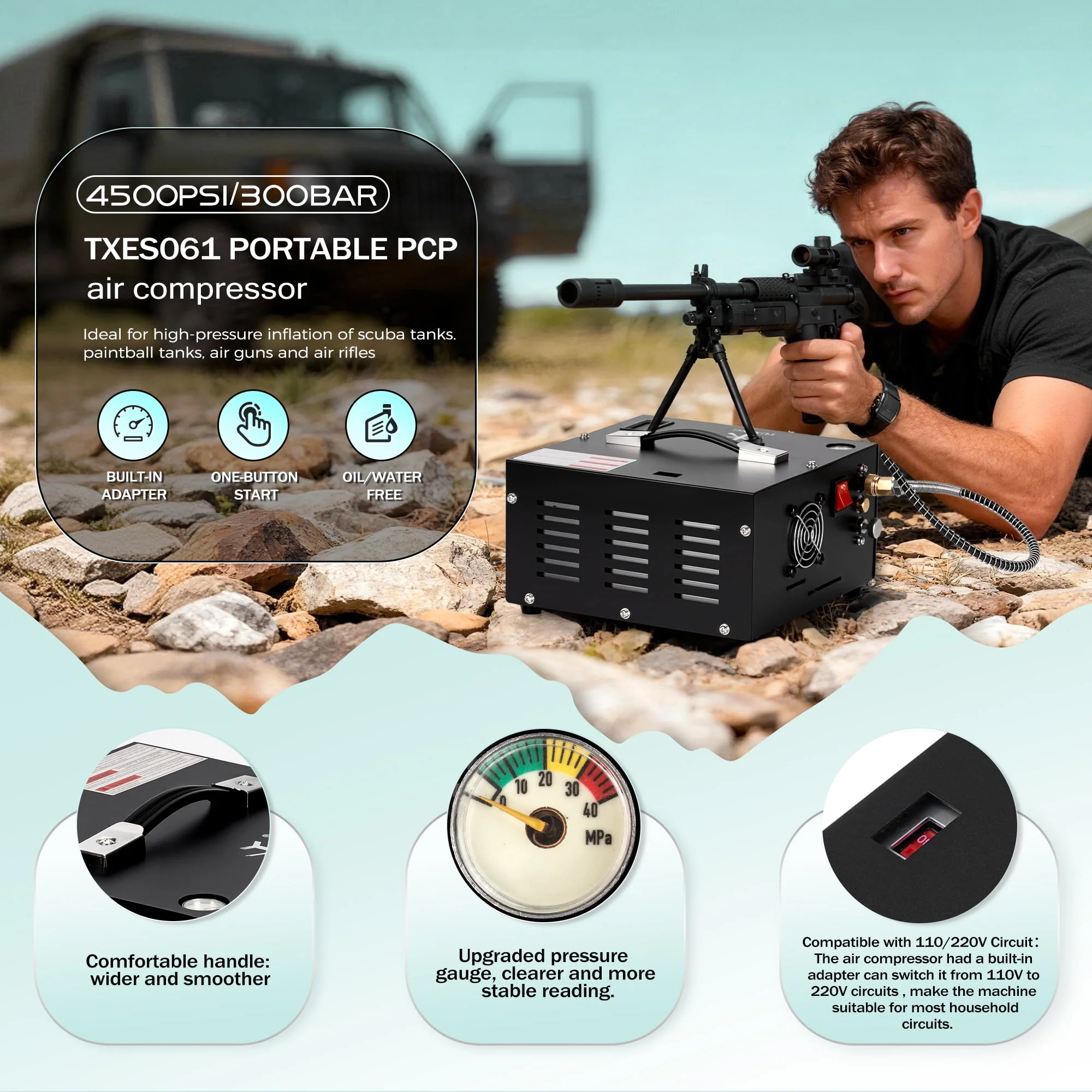 TUXING TXEDT032 Portable Air Compressor, 4500 PSI, Two-Stage Compression, 6.8L Carbon Fiber Tank, Built-in Water and Fan Cooling System, Automatic Shutdown, Black - Image 2