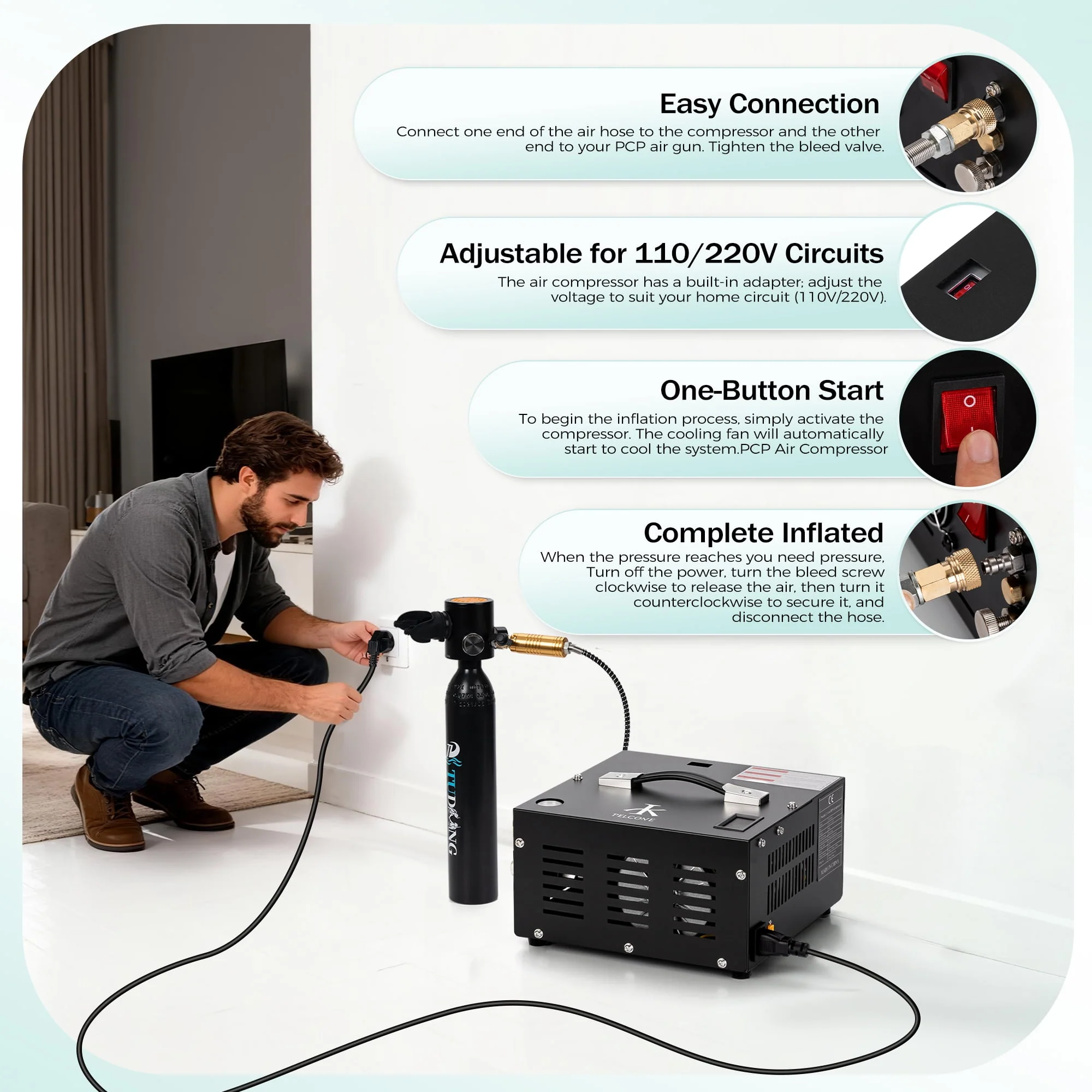 TUXING TXEDT032 Portable Air Compressor, 4500 PSI, Two-Stage Compression, 6.8L Carbon Fiber Tank, Built-in Water and Fan Cooling System, Automatic Shutdown, Black - Image 5