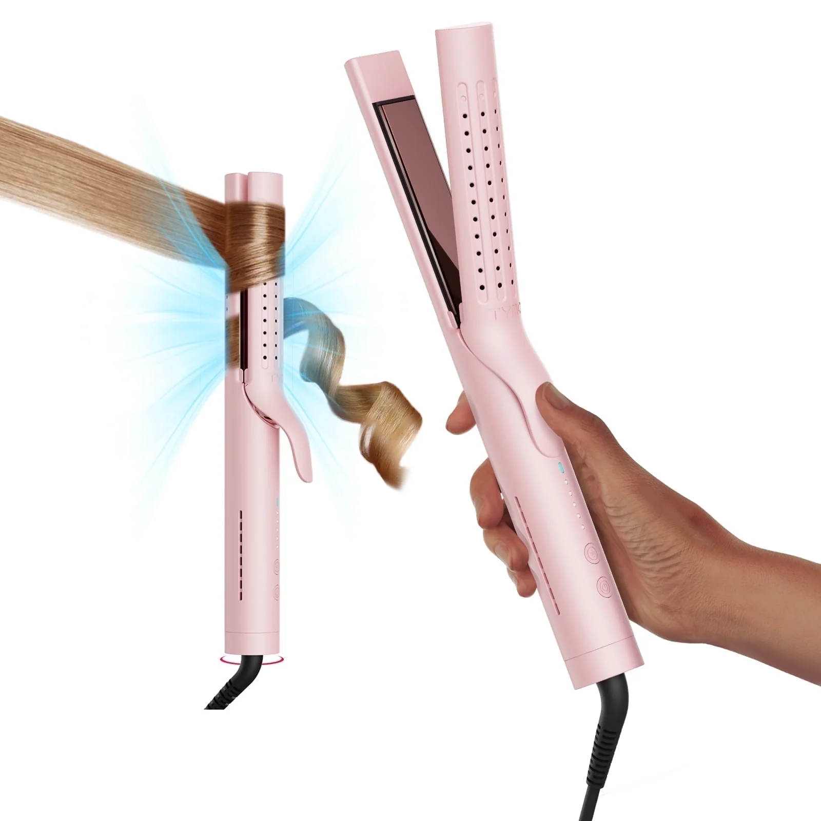 TYMO HC506 360 Degree Airflow 2-in-1 Curling Iron and Flat Iron Hair Straightener, 5 Heat Settings, 1.25 Inch Barrel, Pink