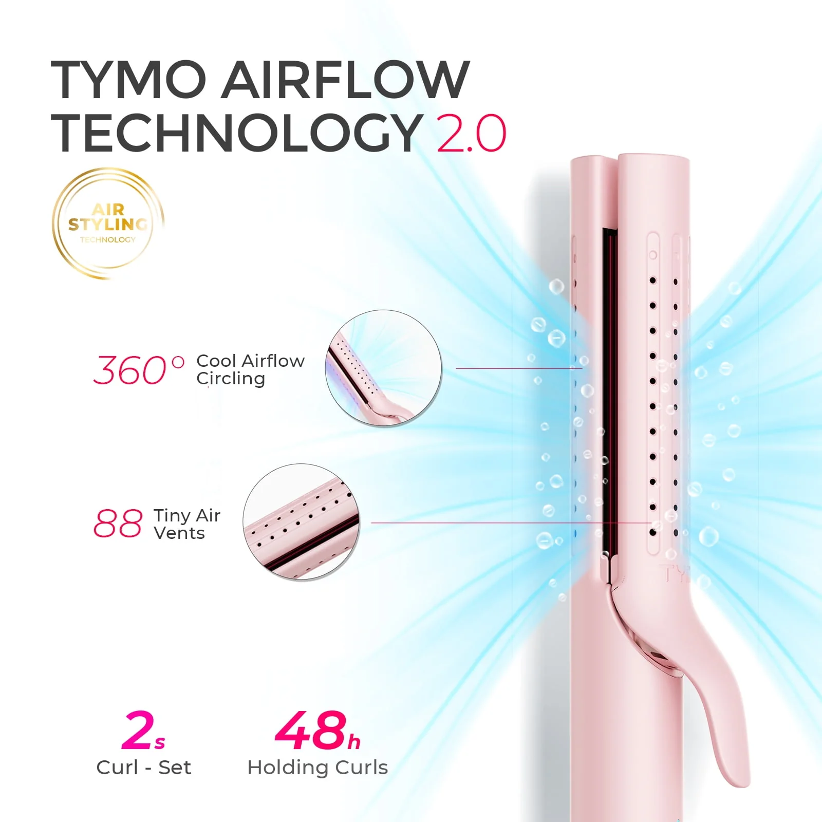 TYMO HC506 360 Degree Airflow 2-in-1 Curling Iron and Flat Iron Hair Straightener, 5 Heat Settings, 1.25 Inch Barrel, Pink - Image 6
