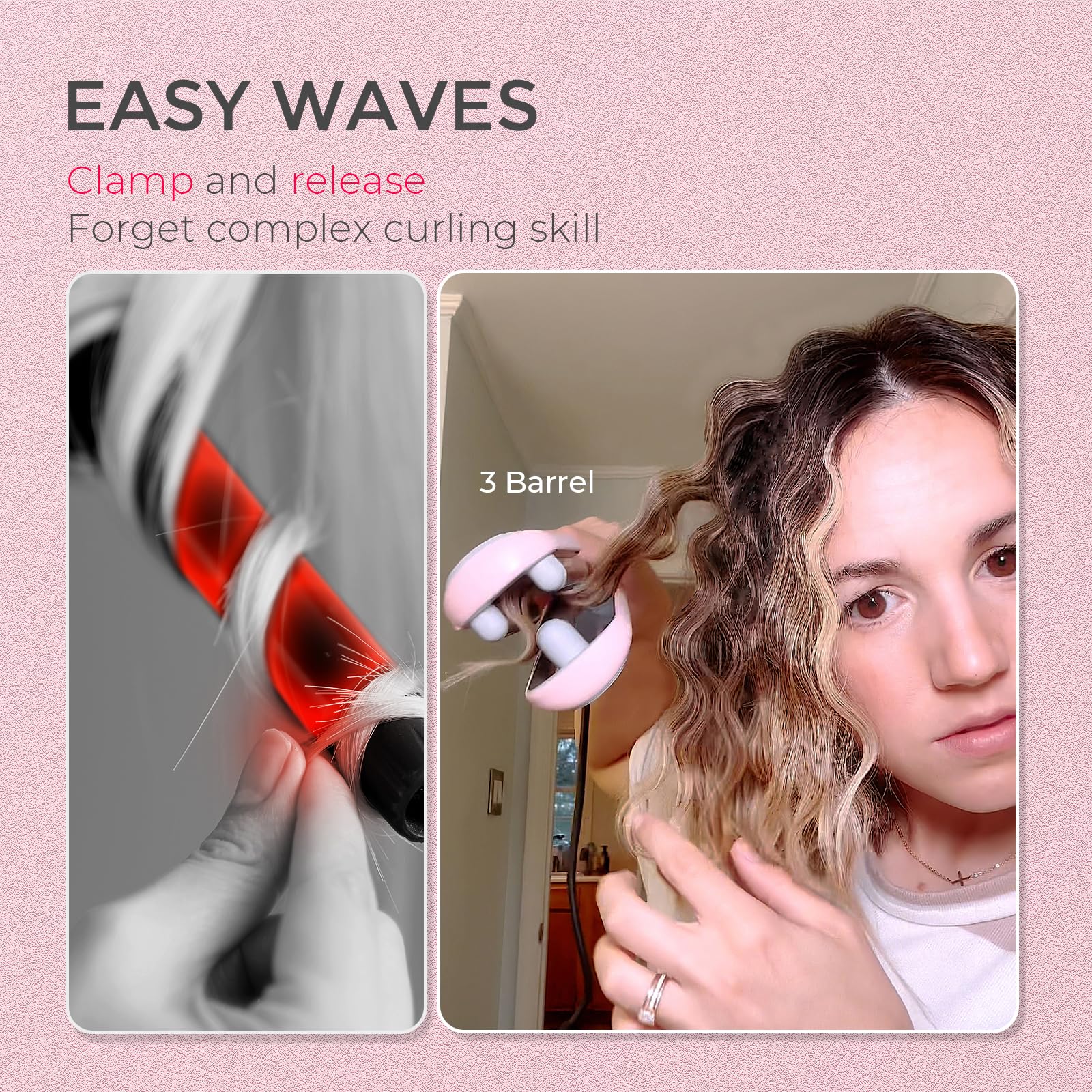 TYMO ROVY Compact 1 Inch Ceramic Curling Iron, Ionic Beach Wave Hair Waver, Fast Heating Pink HC507PM - Image 2