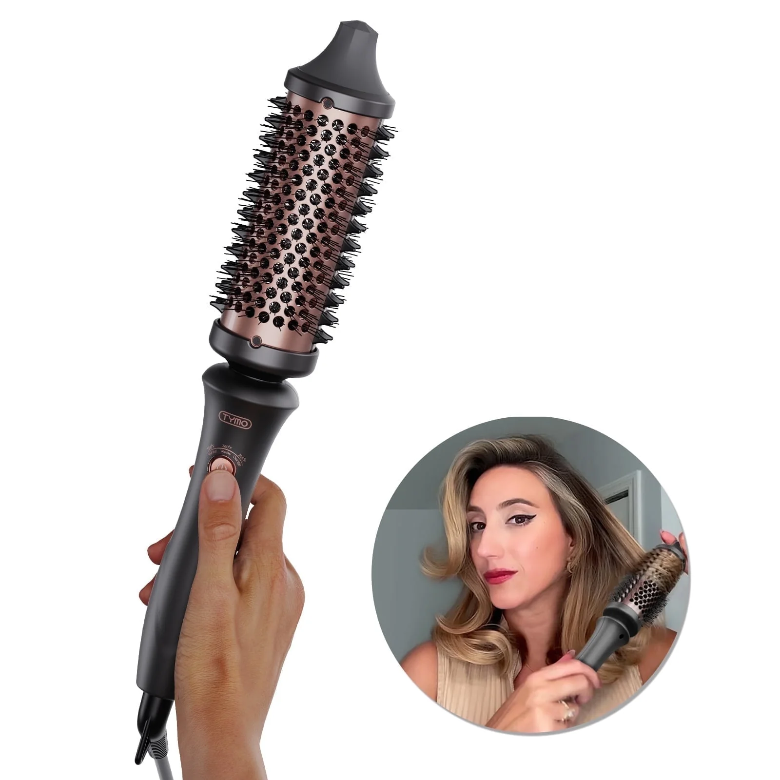 TYMO STYLUX Heated Round Brush, 3-in-1 Styling Tool with 1.7-Inch Ceramic Barrel, T-Gloss Keratin Coating, Dual Voltage, Black