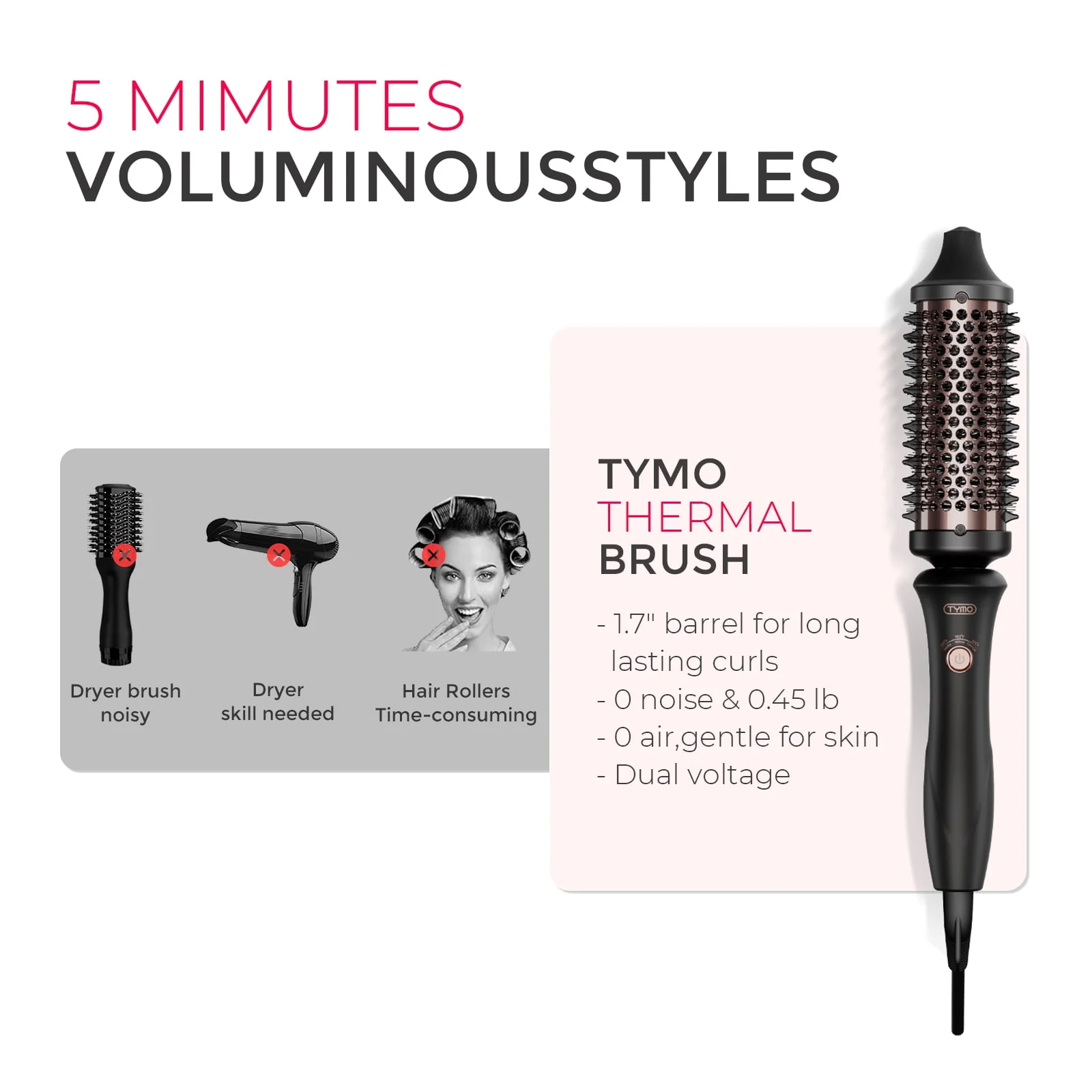 TYMO STYLUX Heated Round Brush, 3-in-1 Styling Tool with 1.7-Inch Ceramic Barrel, T-Gloss Keratin Coating, Dual Voltage, Black - Image 7