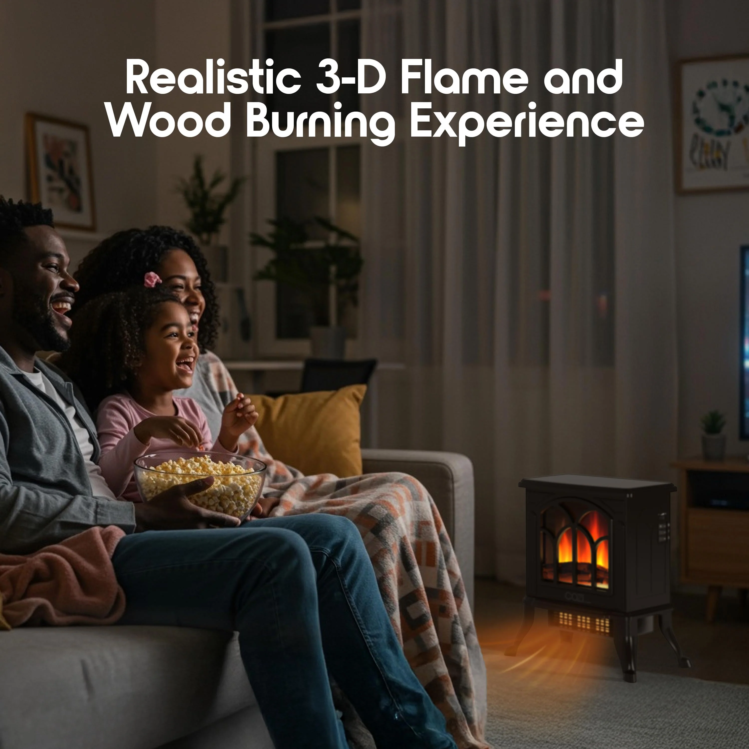 Tzumi 30387 Cozi Portable Stove Heater, Electric Heater with Life-Like 3-D Flame Effect, Dual Heat Levels, Fan-Powered Air Circulation, Black, 18 Inch - Image 6