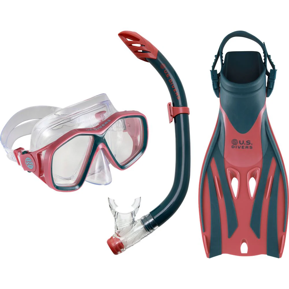 U.S. Divers Redondo DX Mask, Mission Fins, and Padang DX Snorkel Combo Set - Navy/Coral - L/XL